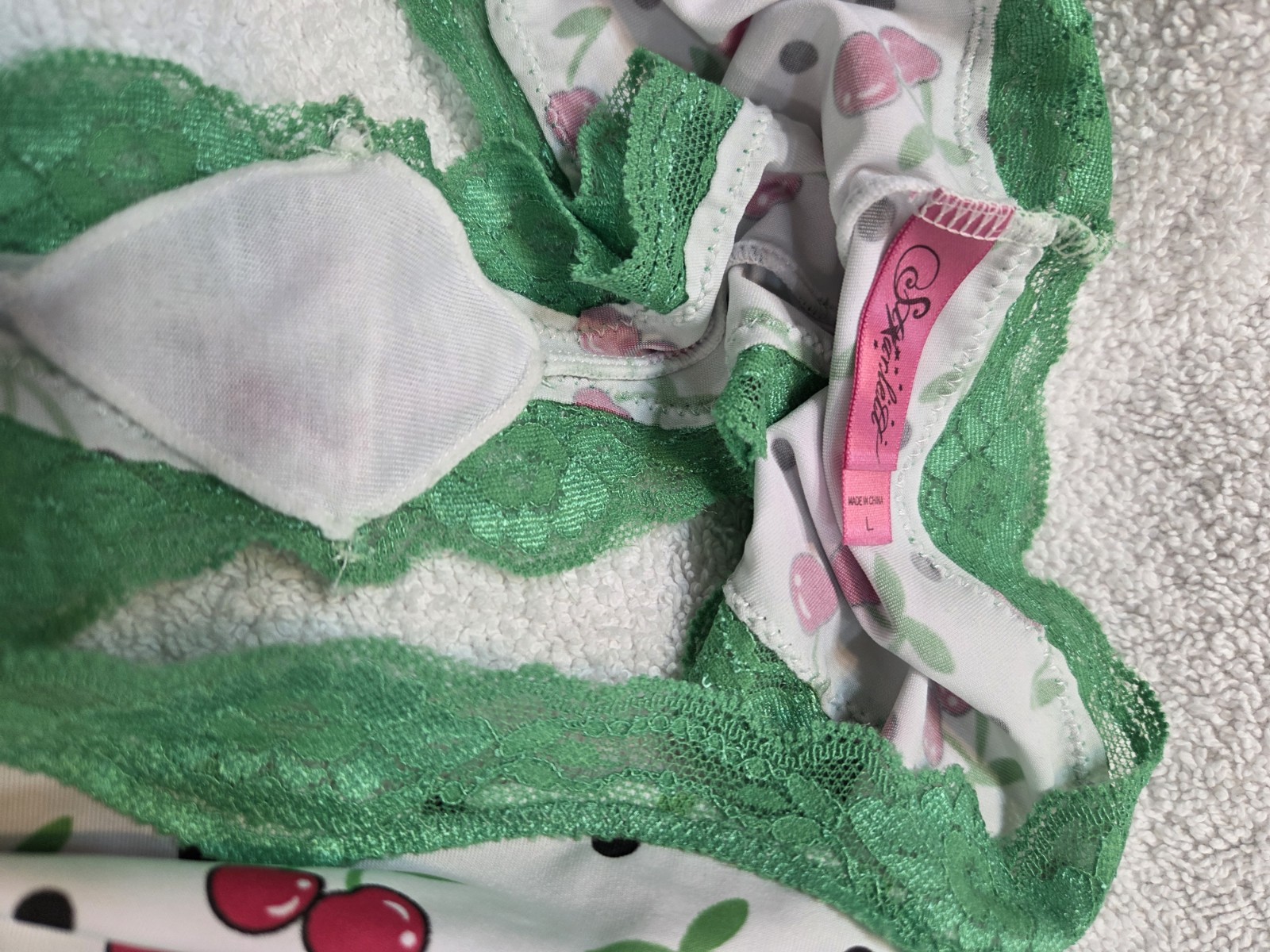 Vintage New Starlett Shiny Soft Low Rise Cherry Panty Boyshorts Green Lace Large