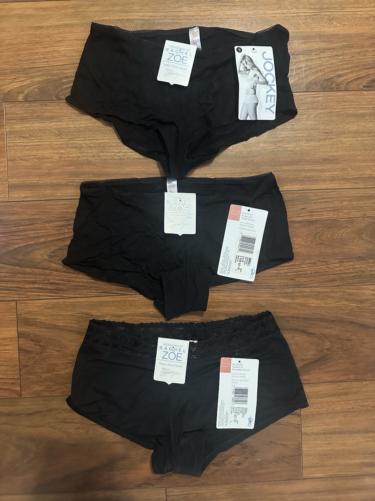 3 RACHEL ZOE Jockey Women’s Small Boyshort Panties Black Modal Microfiber Lace