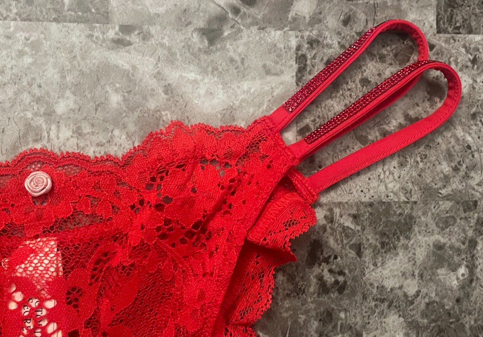 VICTORIA’S SECRET RED ROSE APPLIQUE LACE SHINE STRAP STRAPPY BRAZILIAN PANTIES