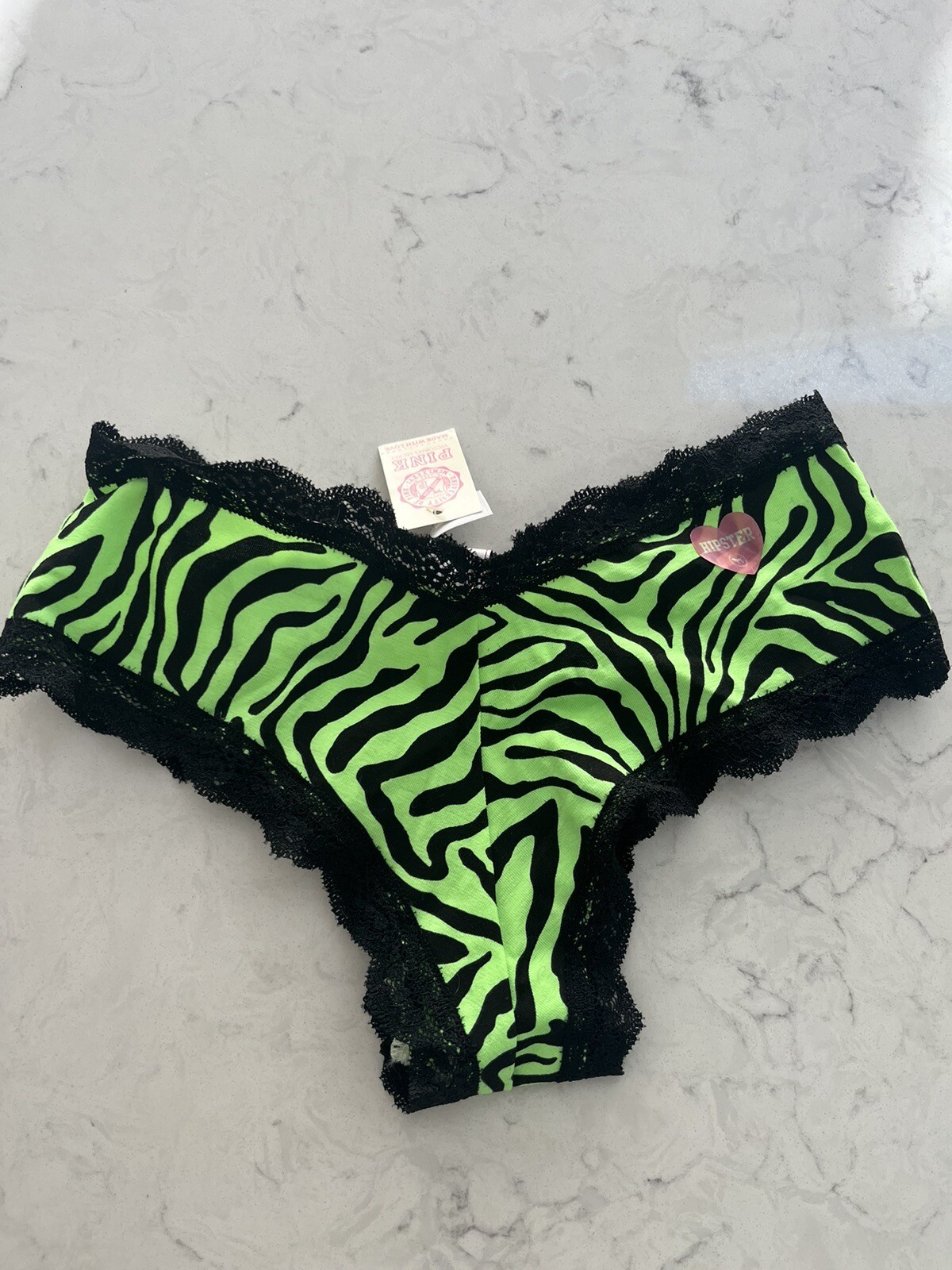 VTG VS Pink Hipster Panty Zebra Print Neon Green/ Black W/ Lace NWT