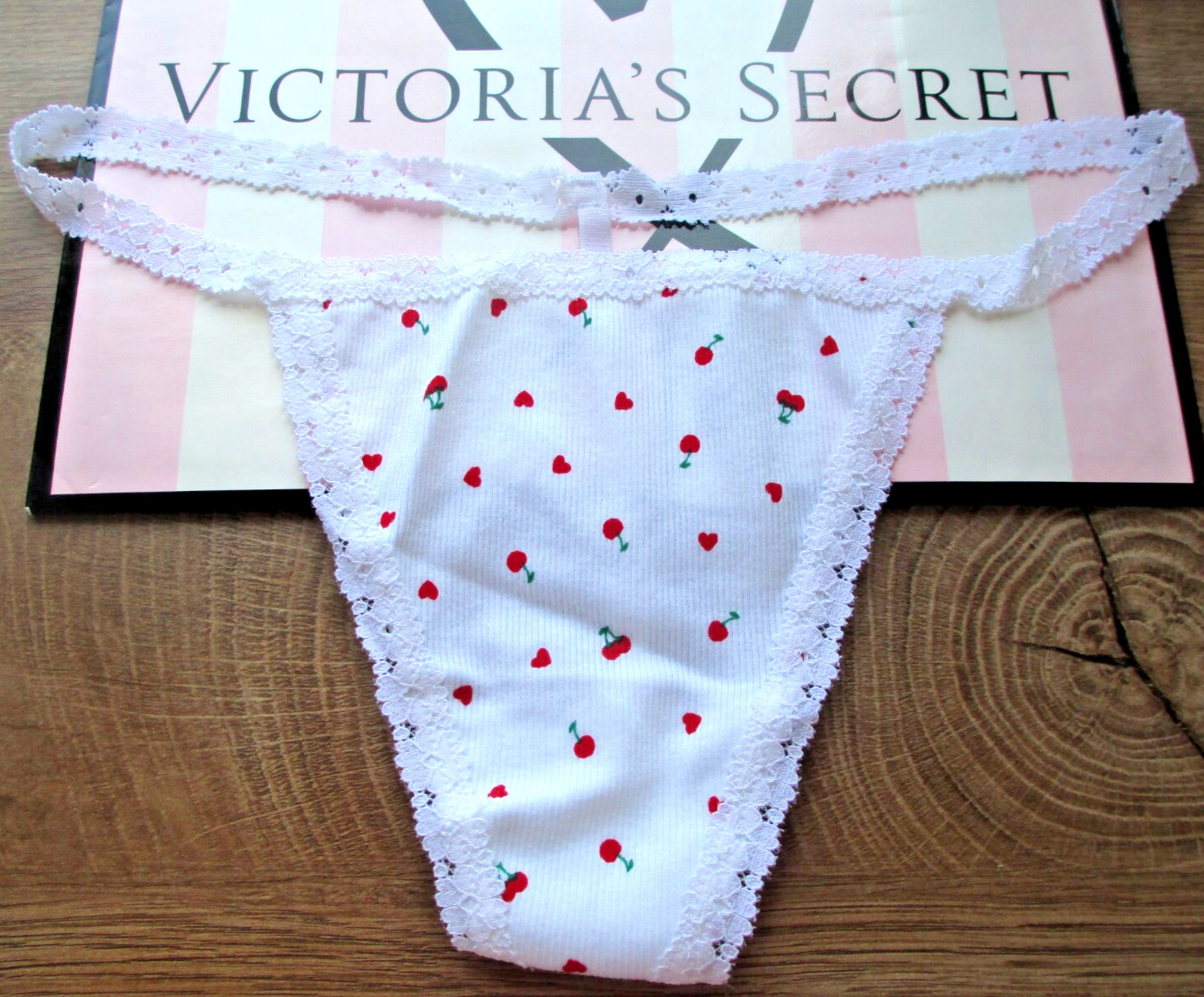 VICTORIA’S SECRET PINK Cotton V-String Panty S M L XL White NWT Red Cherry Heart