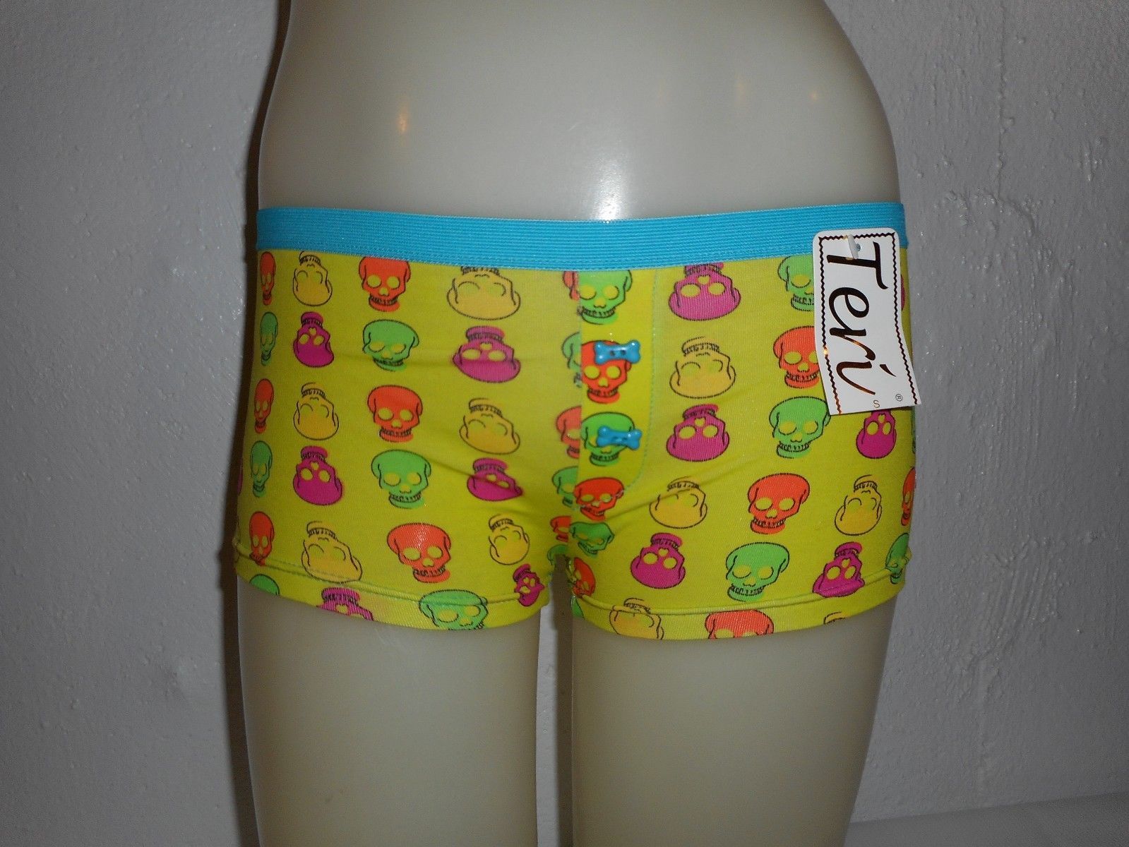 Teri Lingerie Boyshort Panties Neon Green Skulls Cotton Small NEW Halloween
