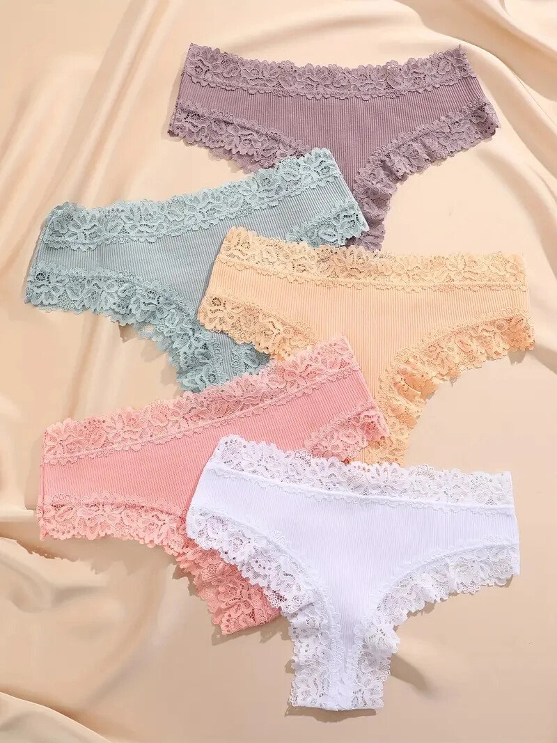 Stylish & Comfortable 5-Piece Women’s Cotton Lace Panty Set – Low-Rise Bikini