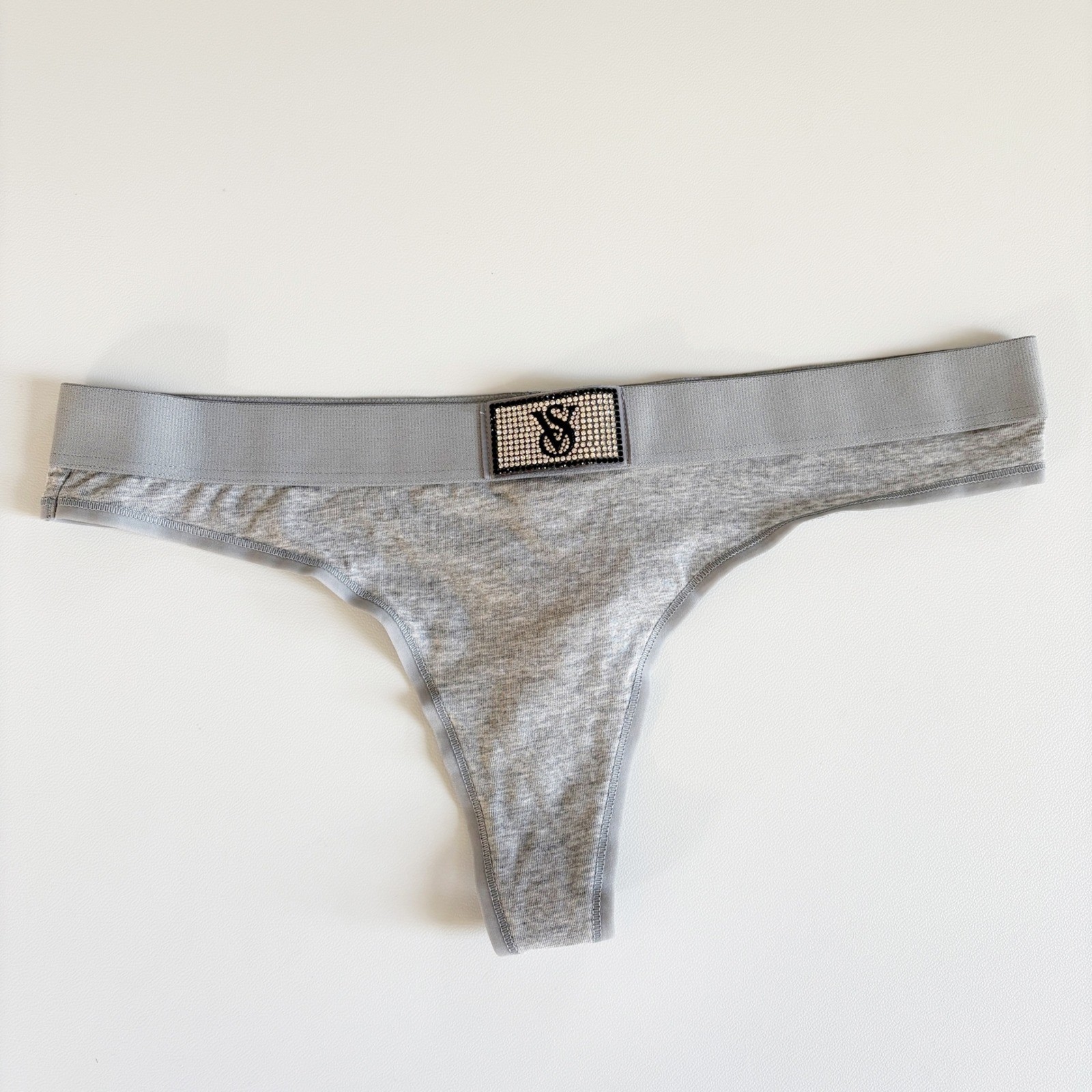 NWT Victorias Secret Womens Gray Rhinestone Logo Cotton Modal Thong Panty Size M