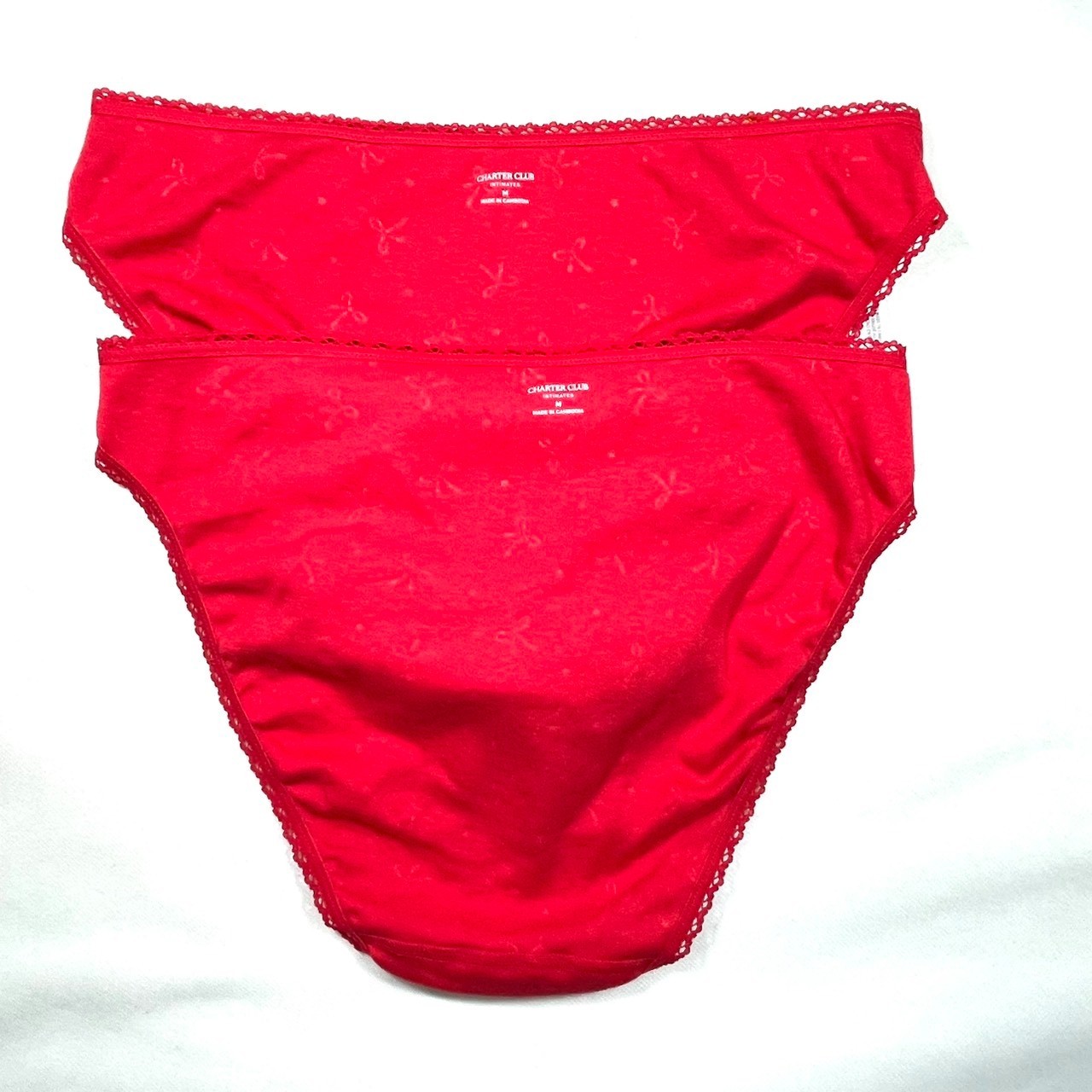 NWT Charter Club Women’s M High-Cut Bikini Panties 2-Pack, Red Holiday Bow Print