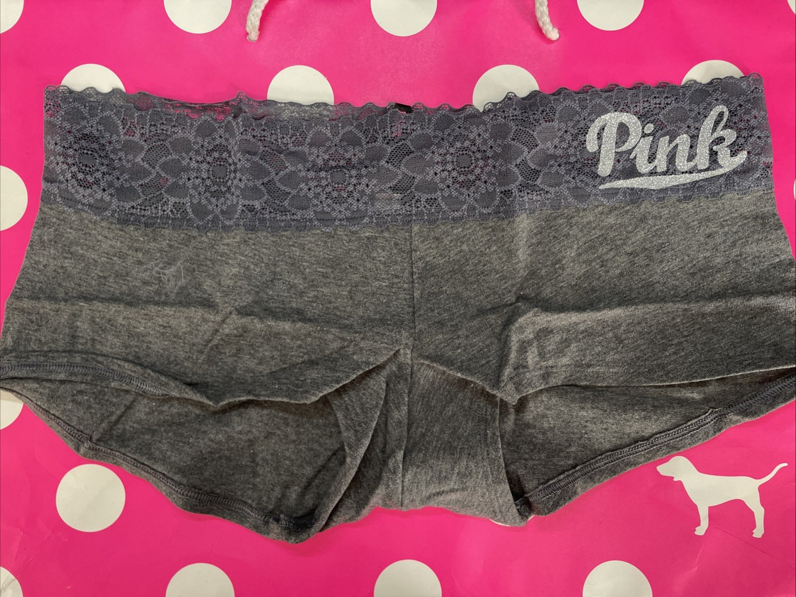NEW 2015 Victoria’s Secret PINK Sparkly LOGO Lace Waist Boyshort Panties L VTG