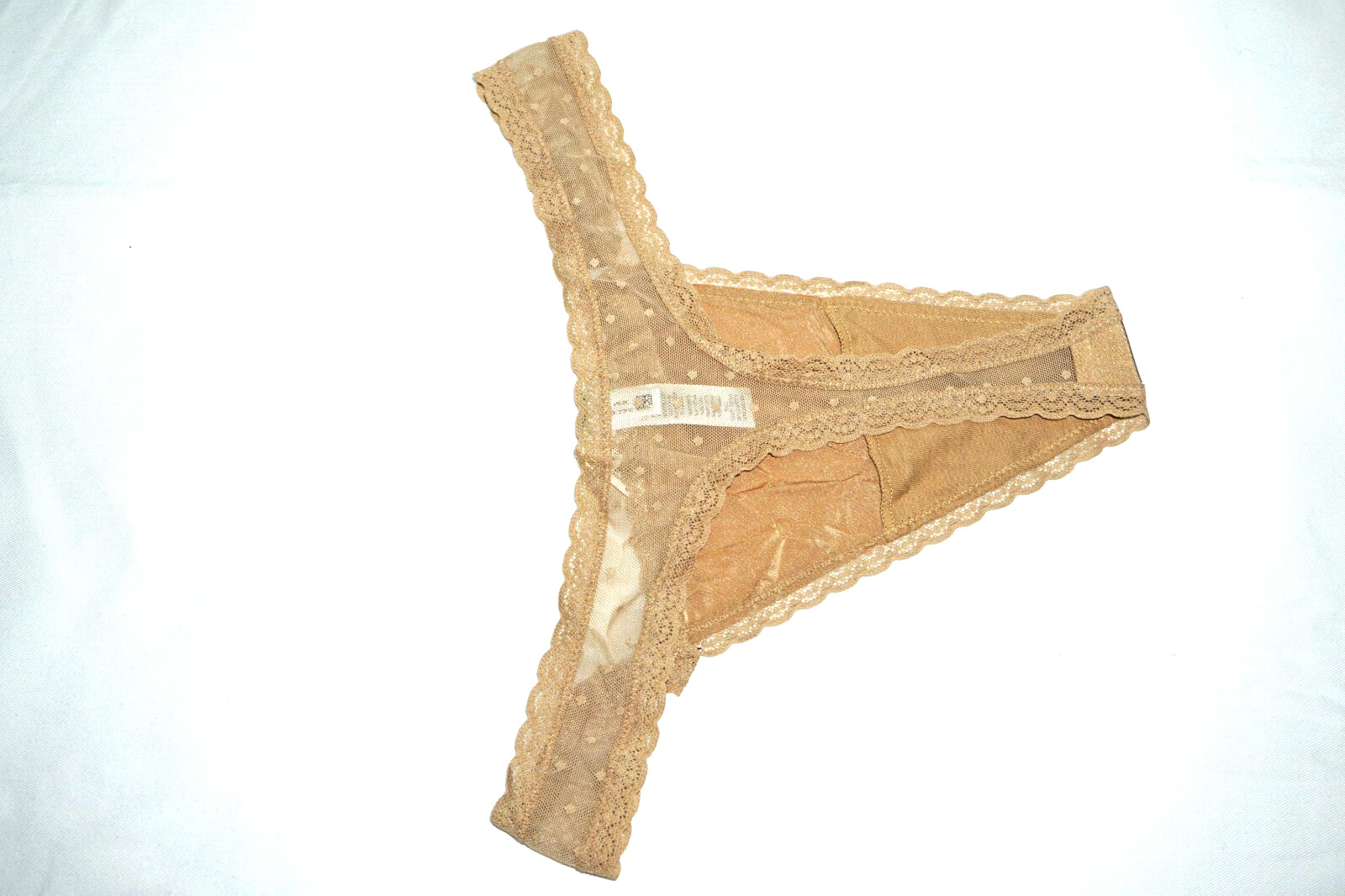 NWT AMERICAN EAGLE AERIE TAN POP SHINE LACE TRIM THONG PANTY SIZE MEDIUM