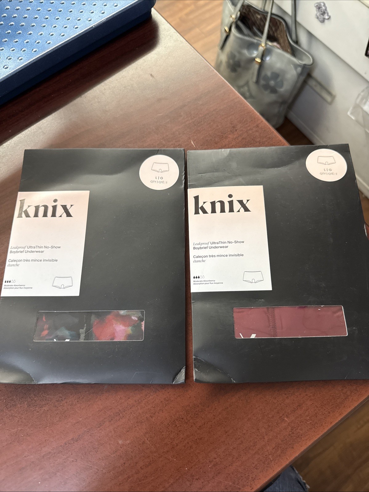 2 NEW pairs of Knix Leakproof Boybrief Underwear, Roses & Dark Cherry, Large
