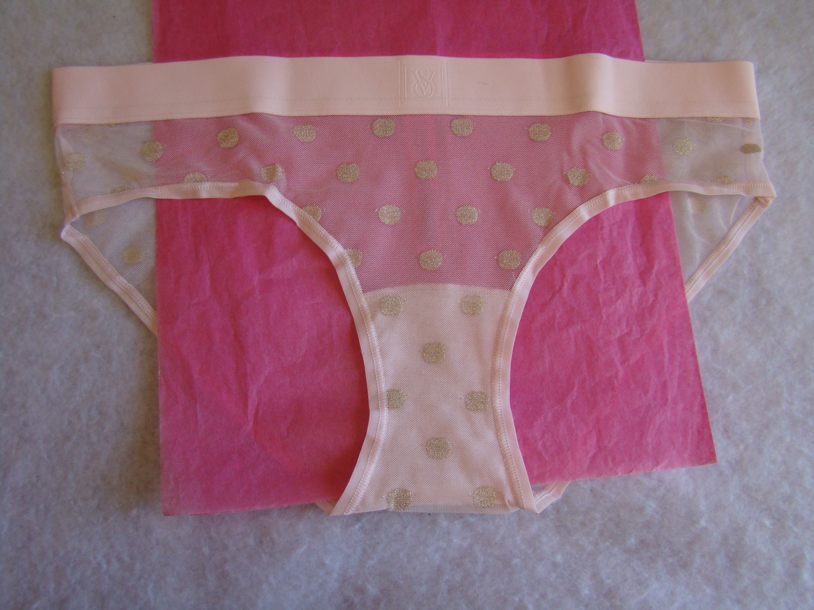 New Victoria’s Secret Pink Gold Polka Dot Sheer Shimmer Hiphugger Hipster Panty