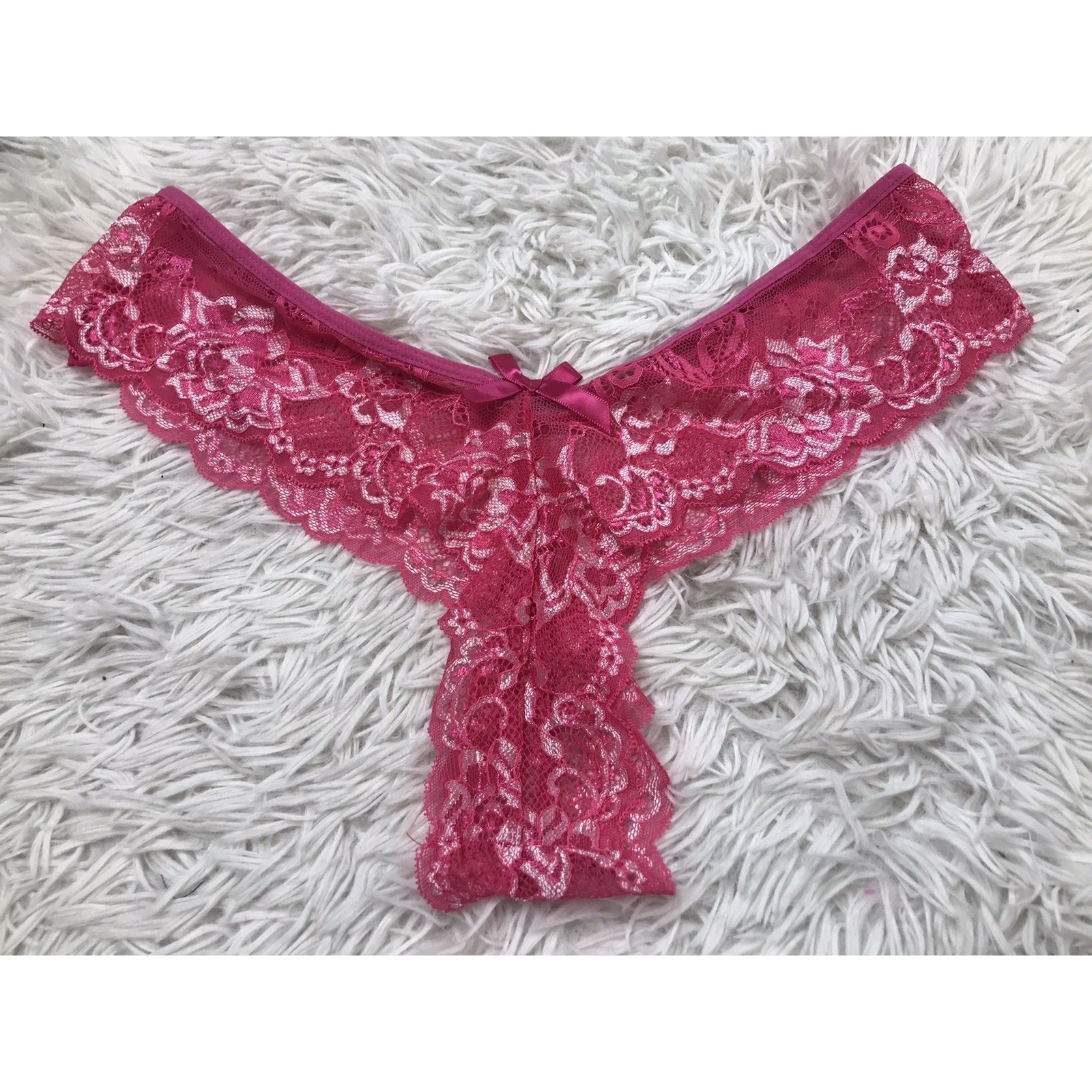 Rare Women’s Bow Waistband Sheer Floral Lace Ruffle Thong Hot Pink Floral XL