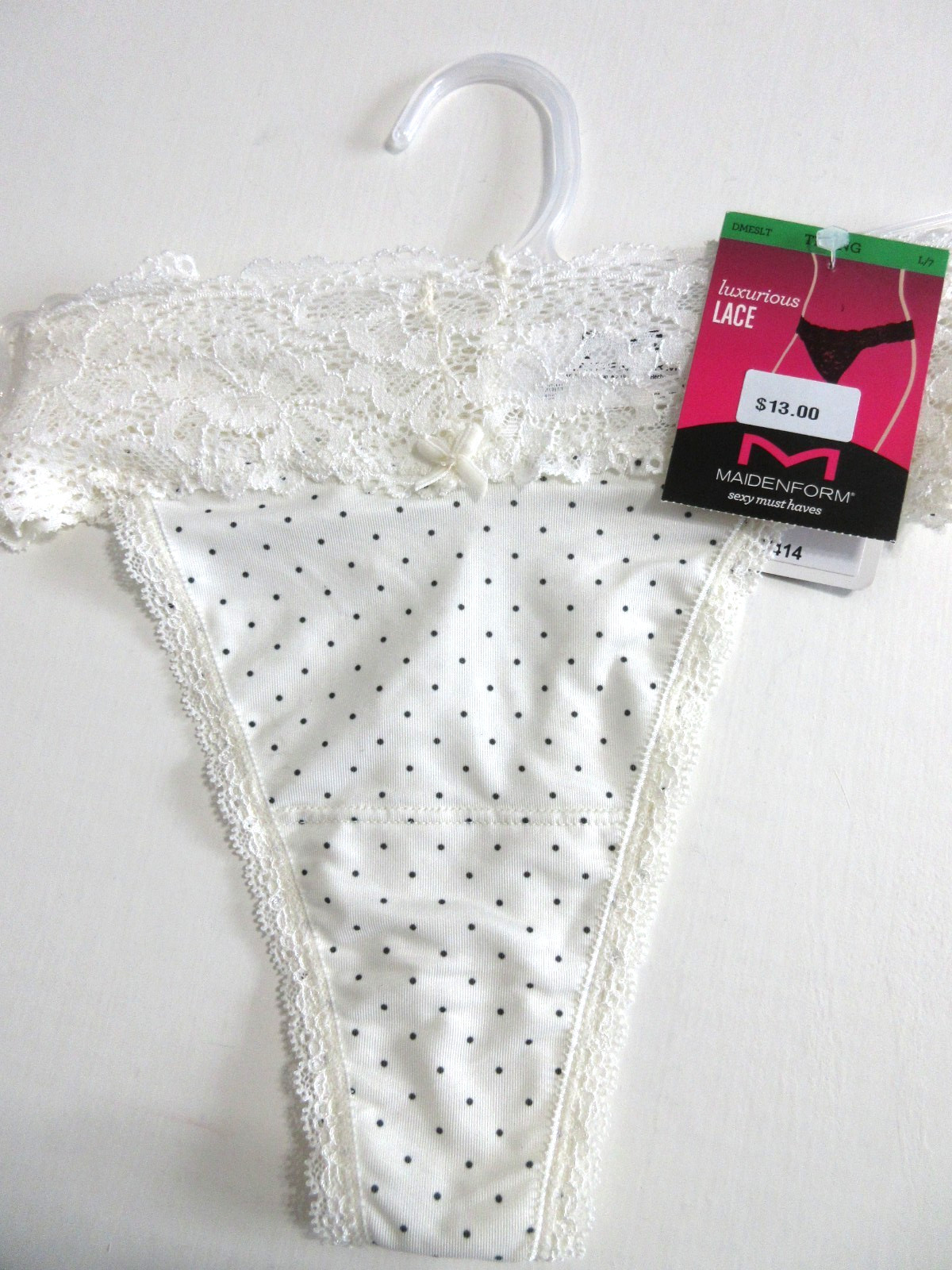 NWT Maidenform Sexy Must Haves Luxurious Lace THONG panty cream dots women ~ L/7