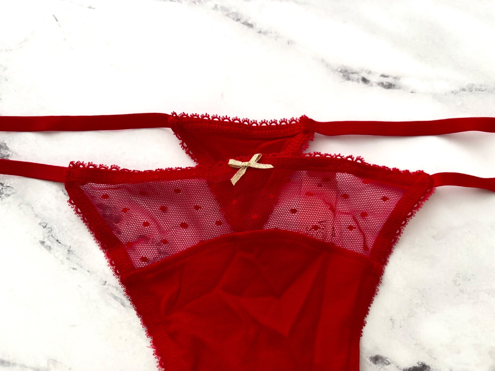 Victoria’s Secret V String Panty Red Stretch Cotton Blend Dot Mesh S M XL 2XL