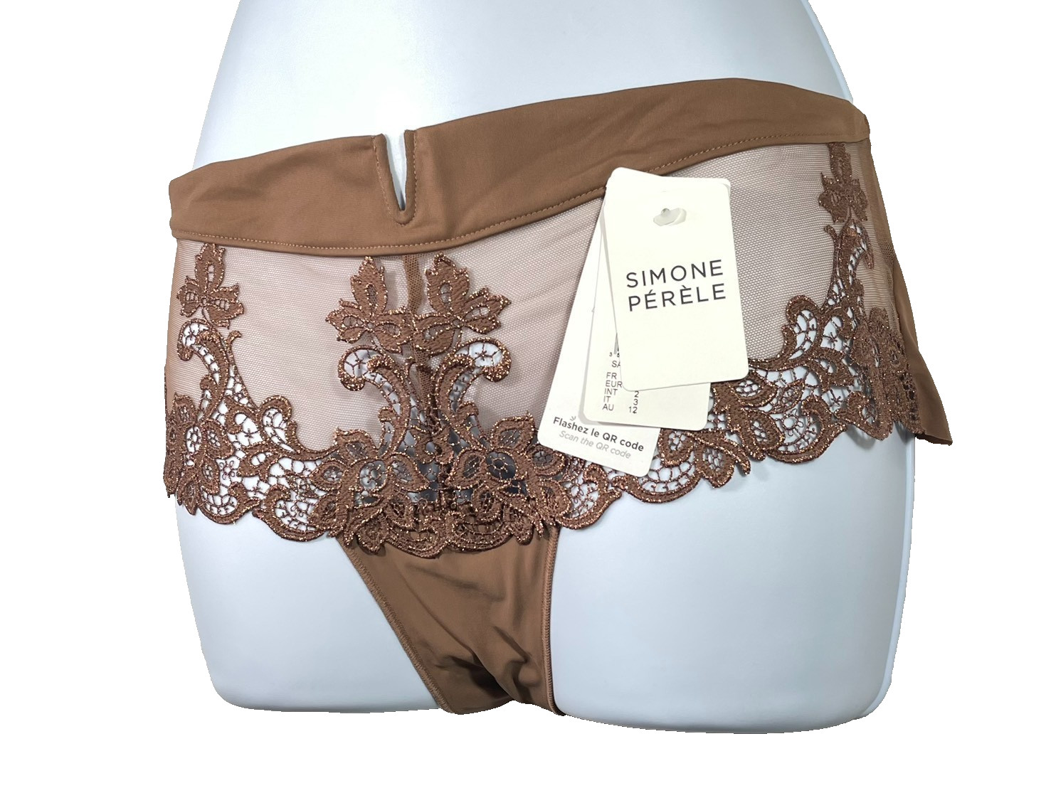 NWT Simone Perele Size FR 2 ‘Saga’ Embroidered Boyshort Briefs 15C630 Brown $75