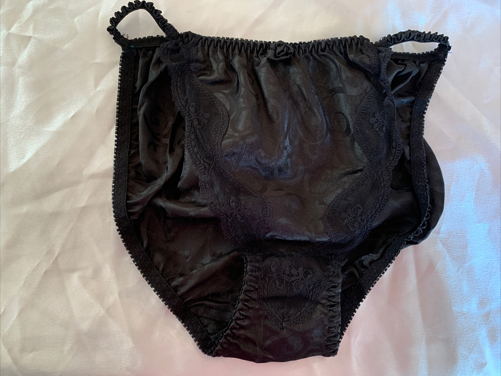 NWT VTG 100% Polyester Satin String Bikini Lace Panties SZ Small Black