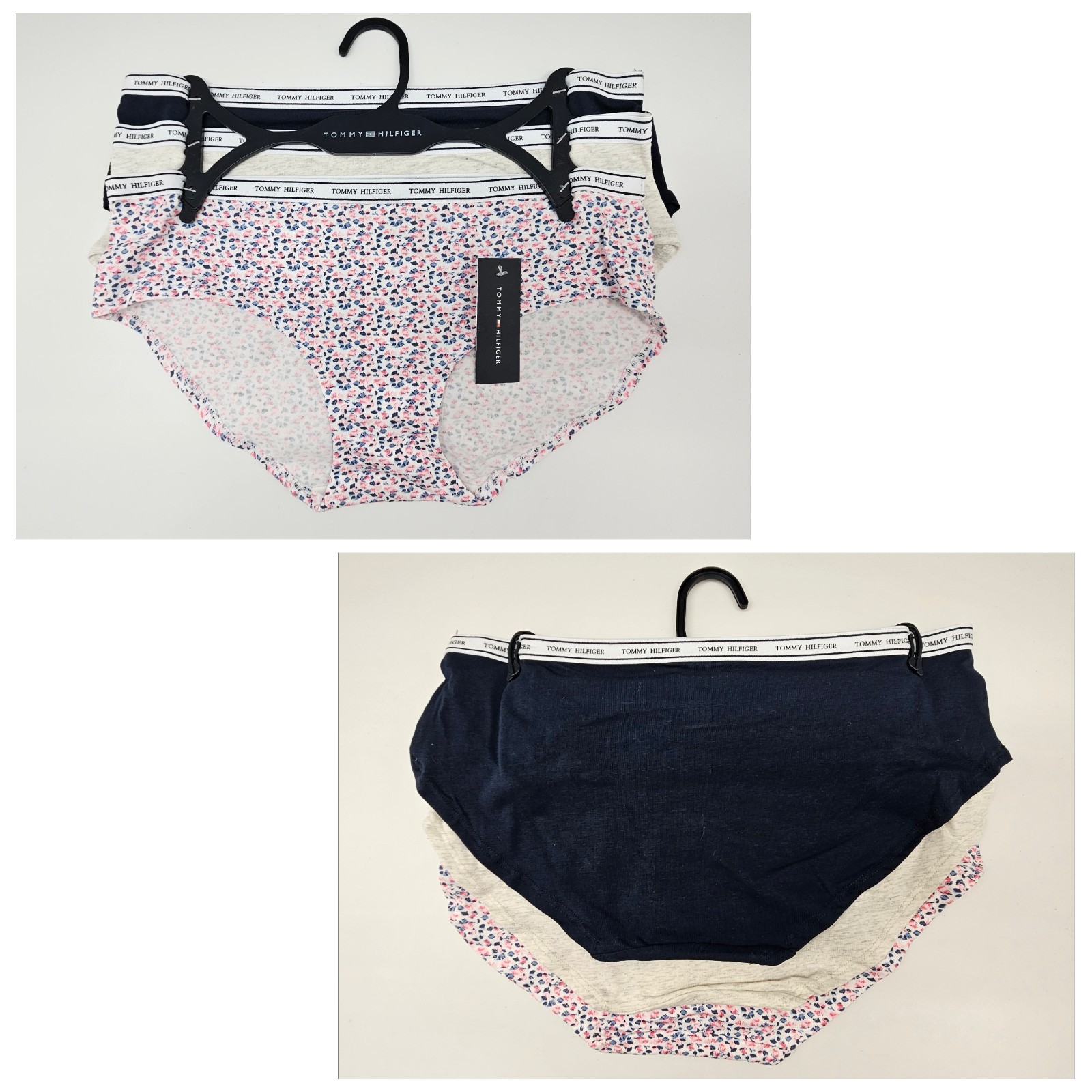 TOMMY HILFIGER 3 Pack Women’s M L XL Logo Cotton Hipster Panties Navy Gray White