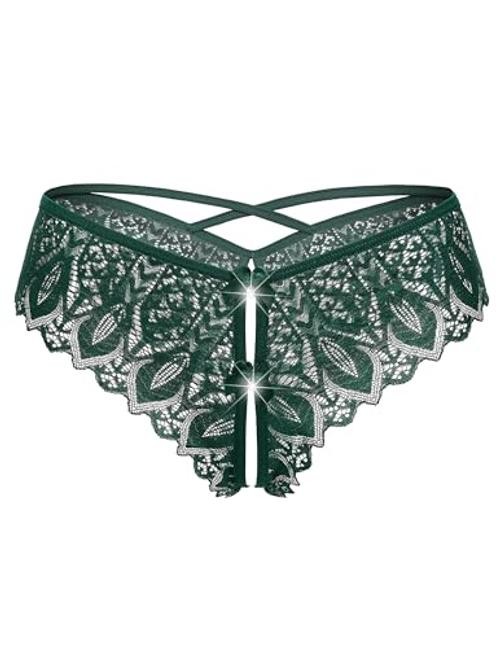 Lace Panties for Women Rhinestone Cheeky Briefs Criss XX-Large Dark Green