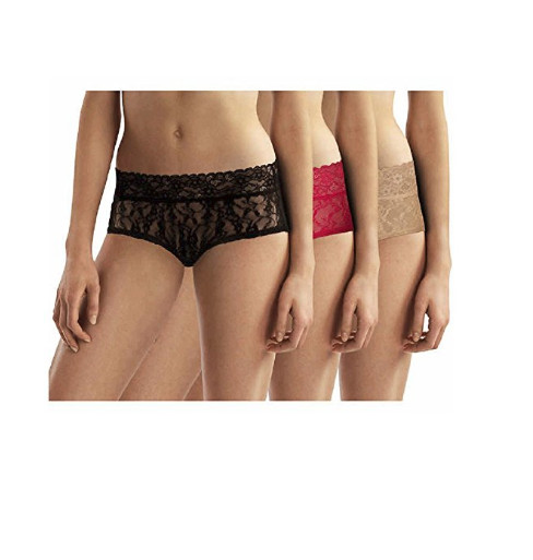 DKNY Women’s 3 Pack Lace Bikini, Red Black and Beige, Small