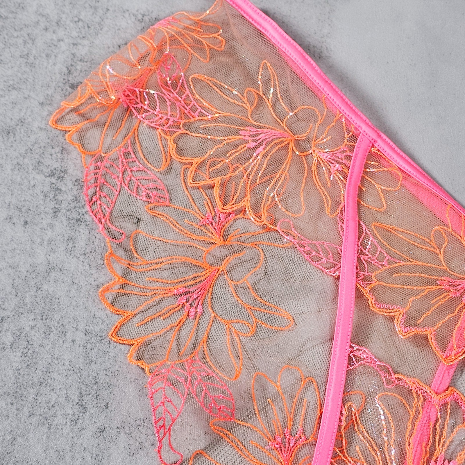 Honey Birdette Lily Neon Pink & Orange Floral Embroidered Brazilian Panty Size L