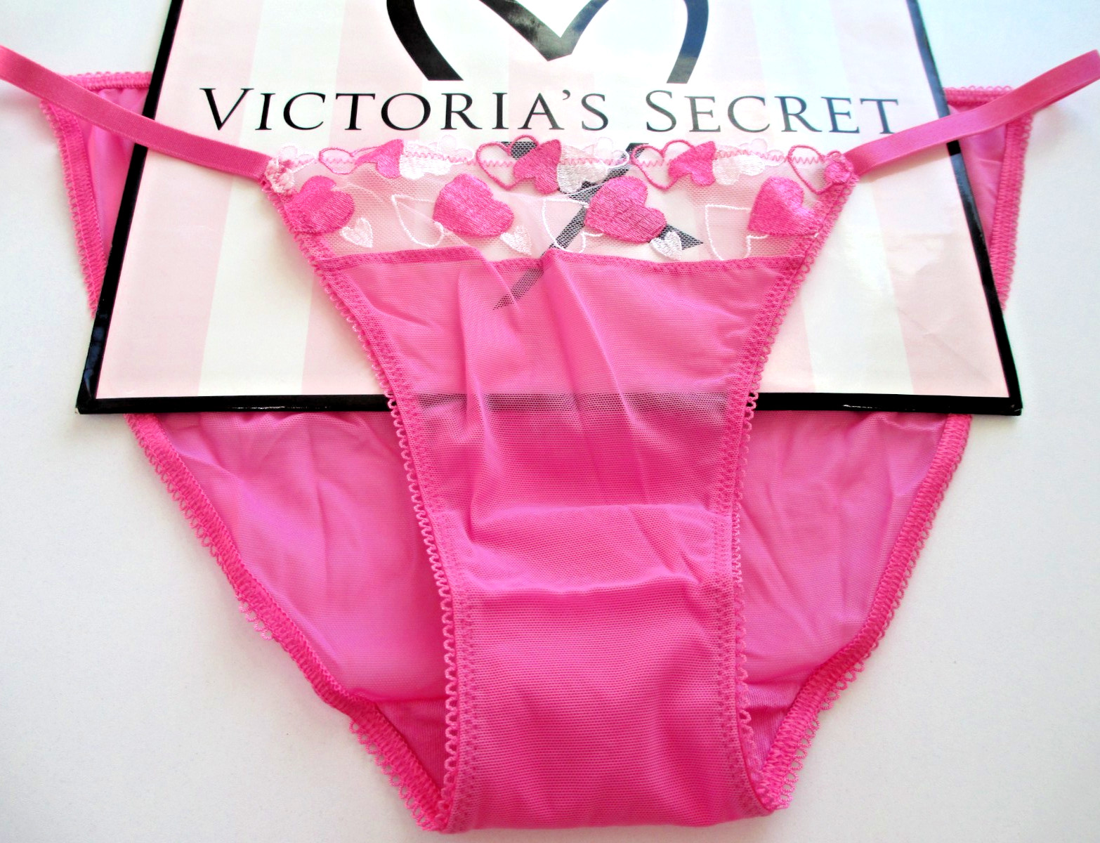 VICTORIA’S SECRET PINK Wink String Bikini Panty S M L XL Pink Hearts Embroidery