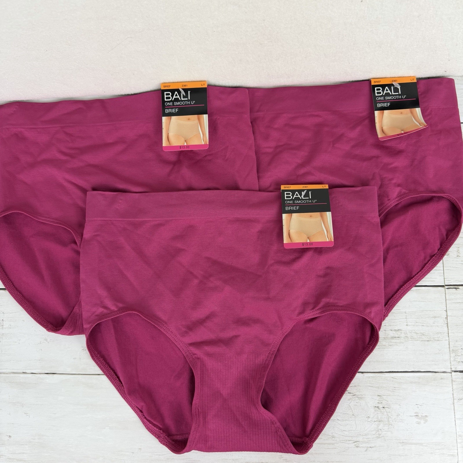 NWT 3 Pair Bali Brief Panties 2361 One Smooth U Size 7/L Maroon Deep Mauve