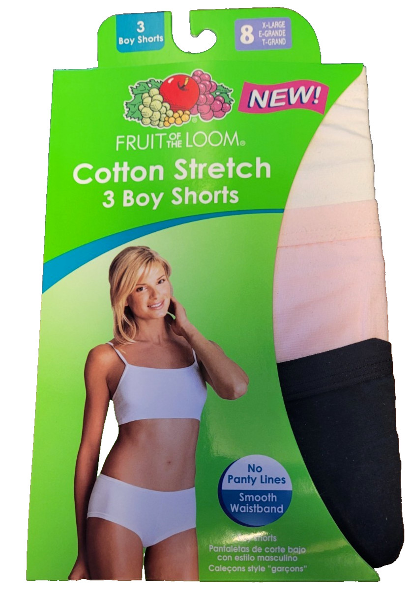 Fruit of the Loom Womens Size 8 XL 3 Pair Cotton Stretch Boy Shorts Underwear