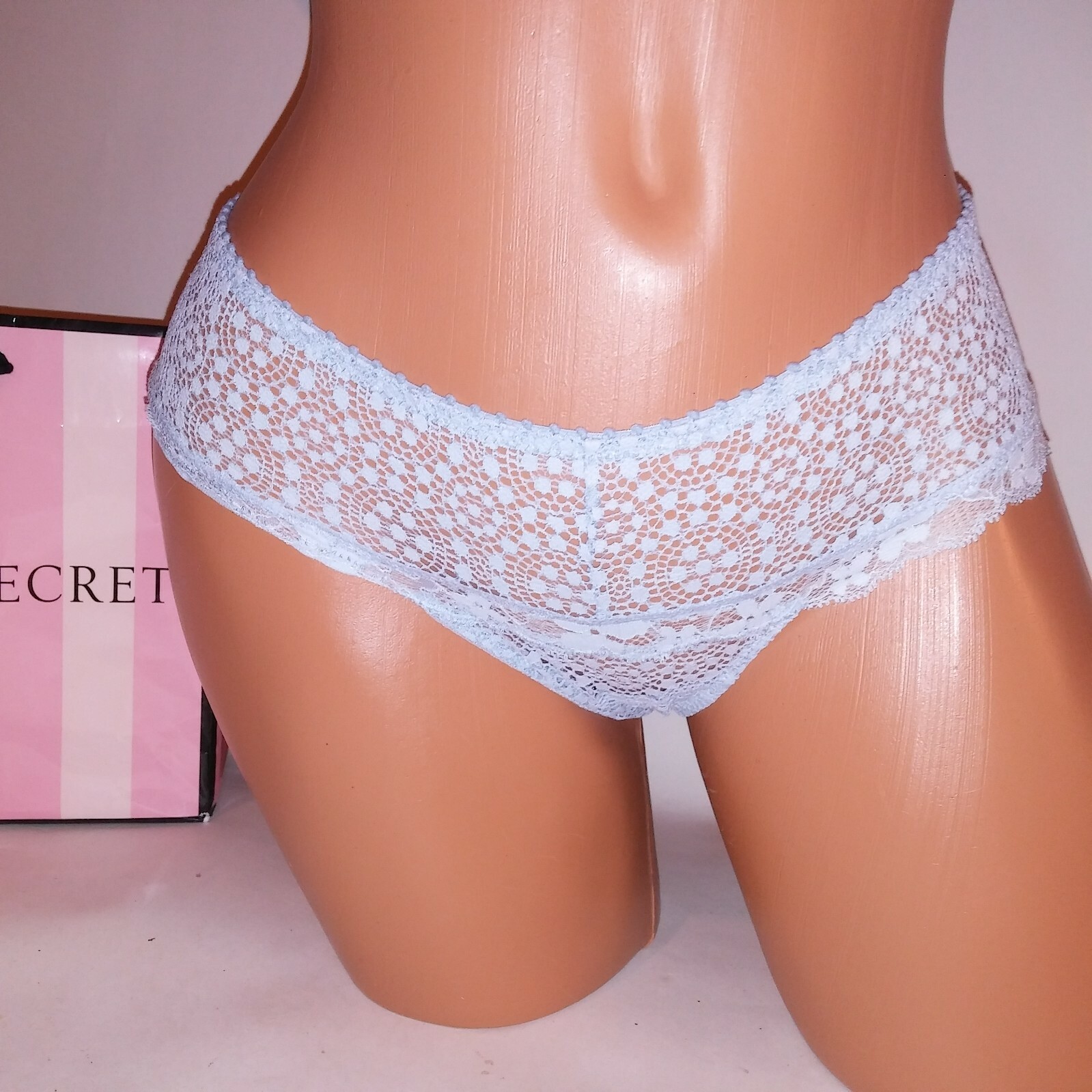 Victoria Secret Panty Wide Side Thong XS Light Blue Lace Bow Back Dream Angels N