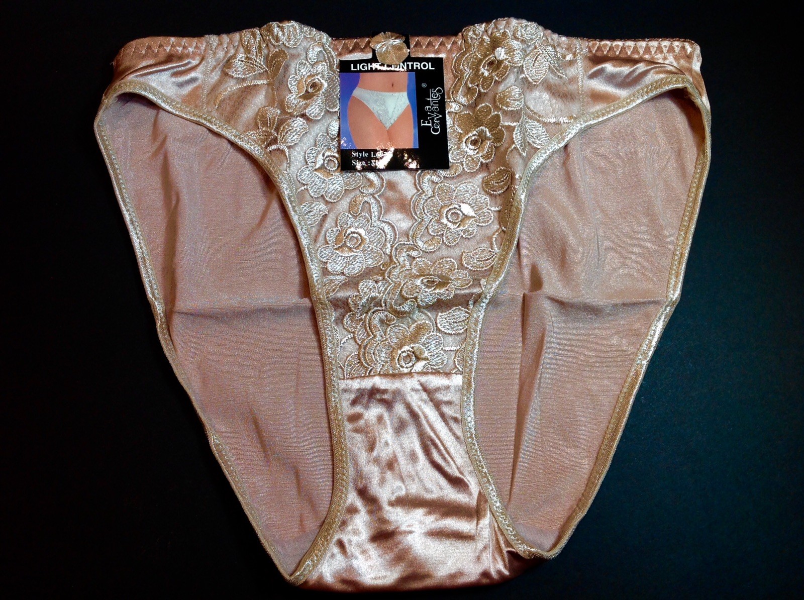 Women Panties,Bikinis”Eva Cervantes”Size L.Mocha Beige Satin Floral W/decoration