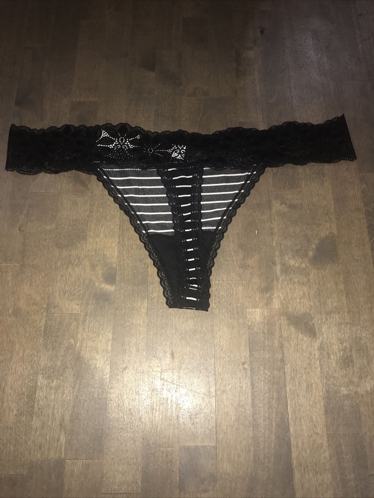 No Boundaries Black Lace White Stripe Thong Sissy Panty Underwear Plus Size 3X
