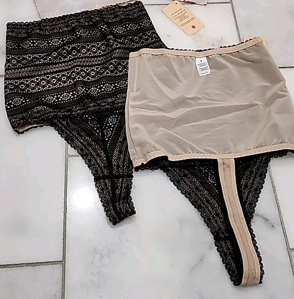 2 p Popilush Shaperwear Panties High-waisted Underwear Lace Thong Black Small