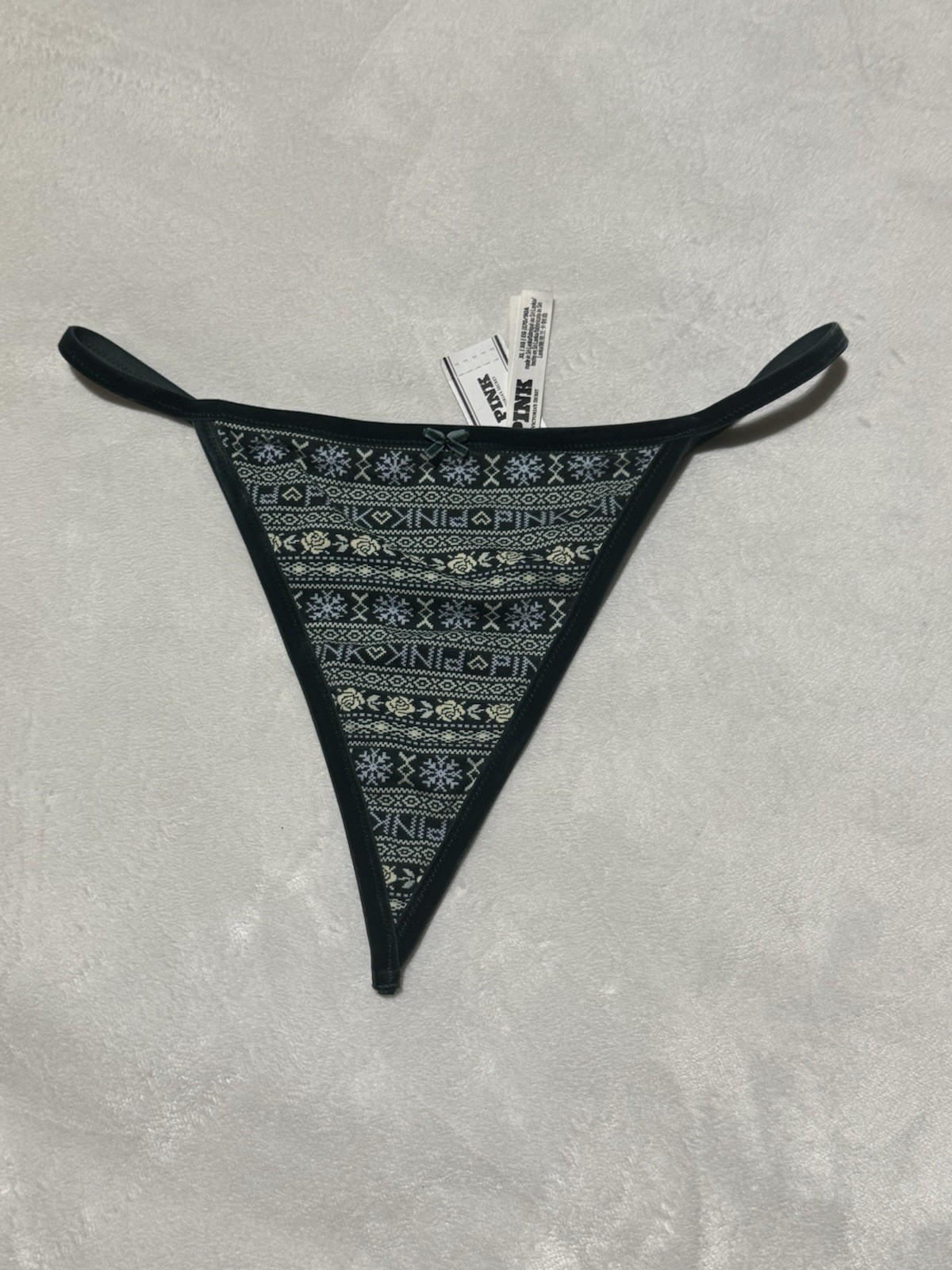 Victoria’s Secret PINK V-String Thong Panty Fair Isle Snowflake Green XL NWT