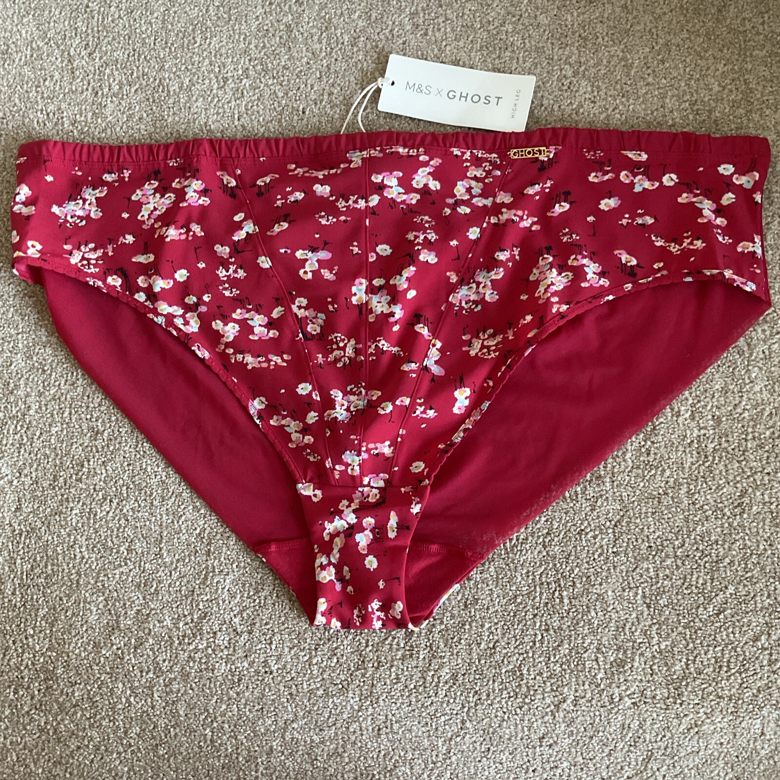 M&S Size 22 X Ghost Pretty High Leg Knickers Dark Red Mix Floral Soft