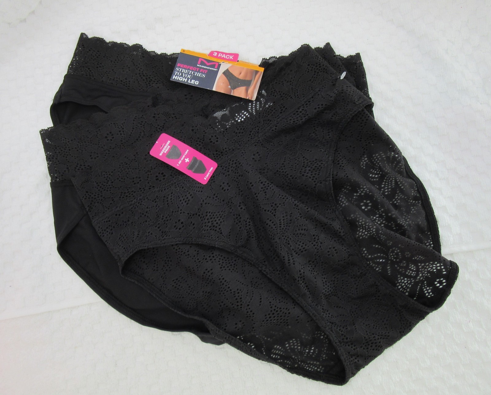 NWT set of 3 MAIDENFORM perfect fit dm3sblb HIGH LEG panties LACE ALL BLACK