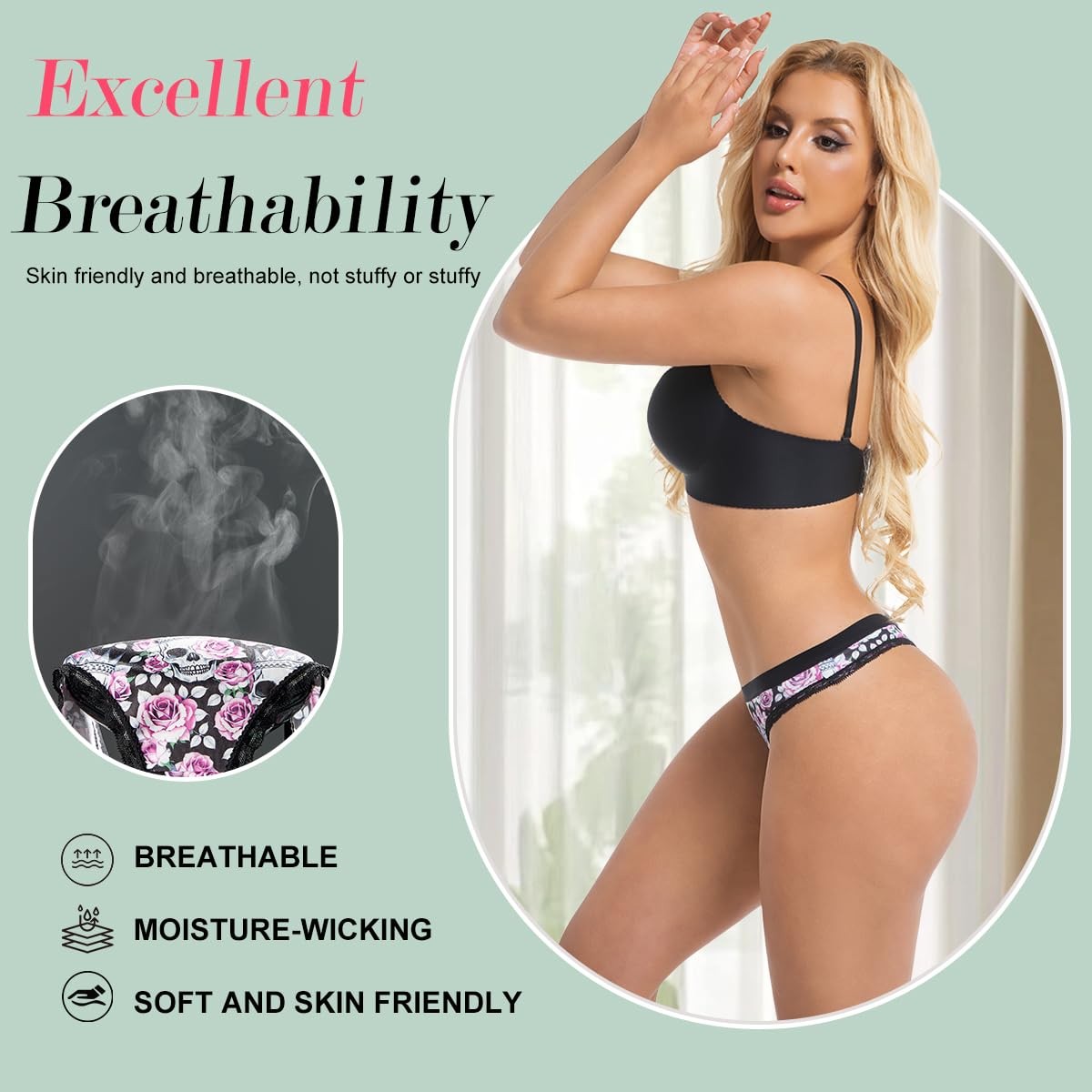 ELFFREYA Gothic Floral Print Thong Panties Set, 6 Pack, Skull Rose Pattern,