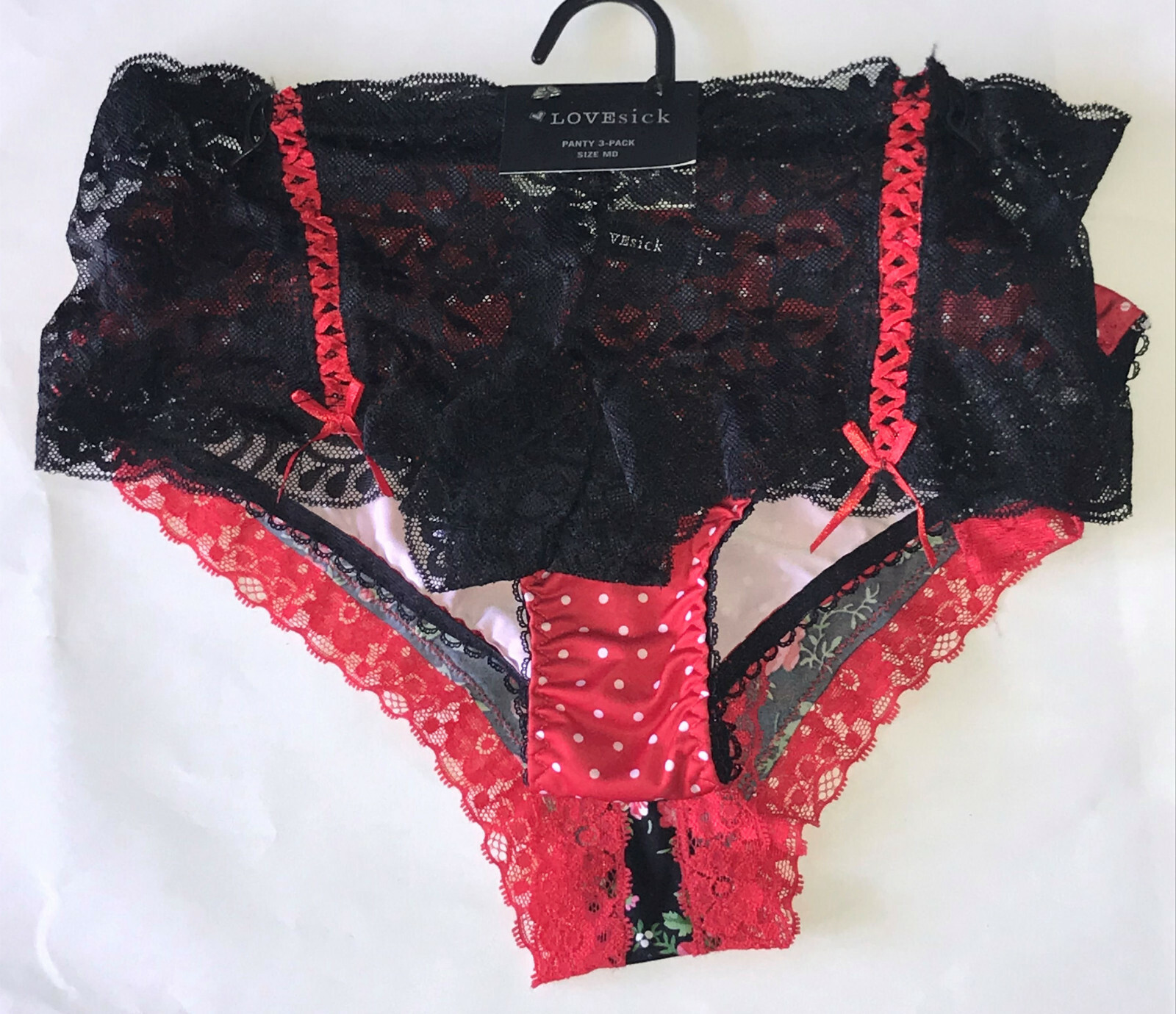 LOVEsick Hot Pants Panties Red Black Flowers Lace Dot Underwear 3 Pack JRS M NWT