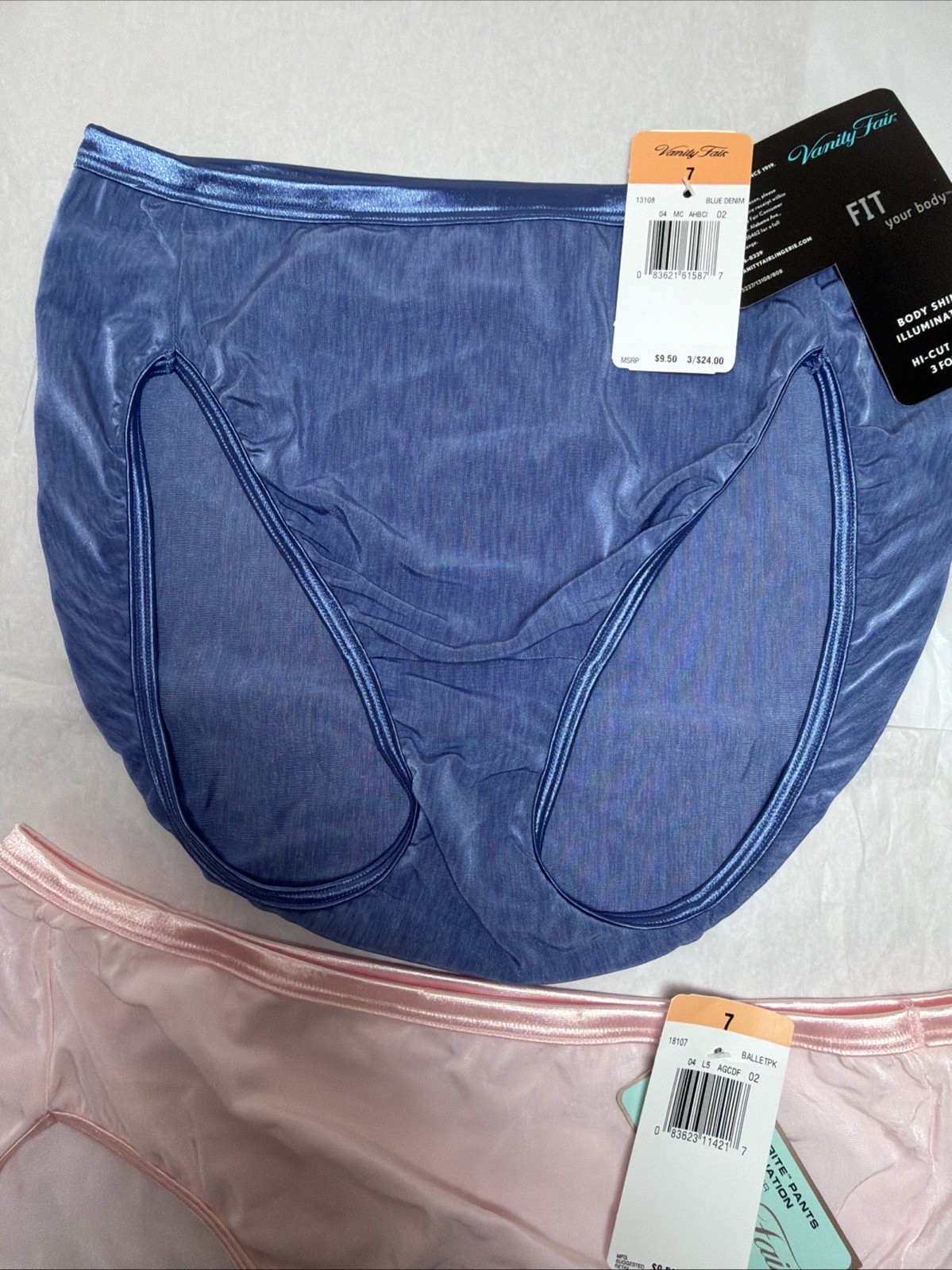 VANITY FAIR ILLUMINATION HIPSTER WOMANS SIZE 7 SHINY Nylon BLUE / PINK NWT 2Pair