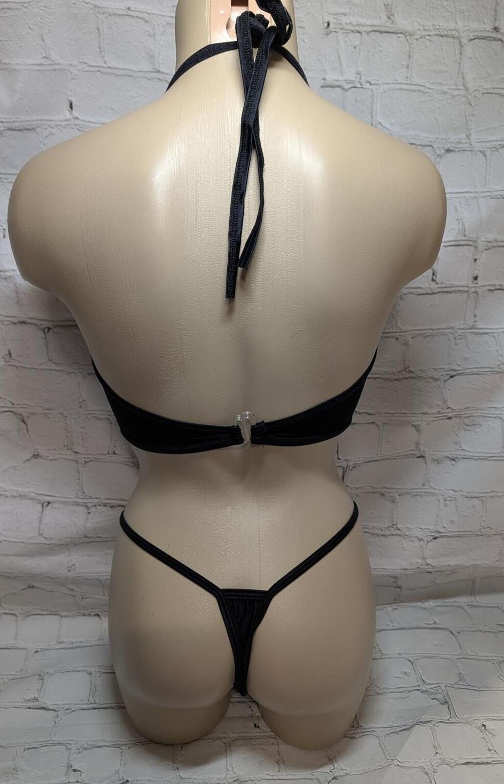 BODYZONE VINTAGE Black Sheer Mesh Halter Lace-up Front top and clip thong NWT