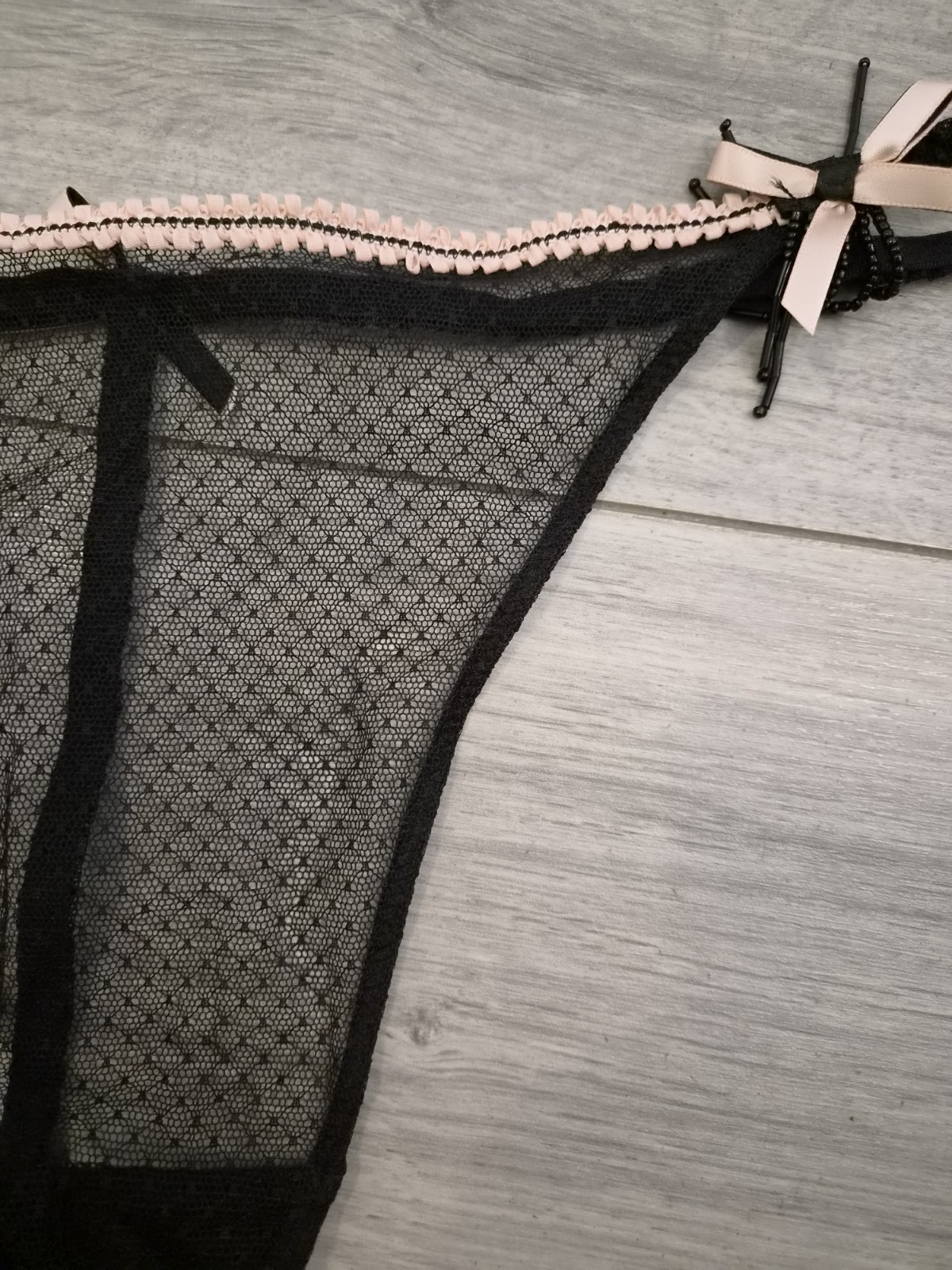 BNWT Vintage Ann Summers Sheer Black & Pink Showgirl Beaded Thong Size 18-20