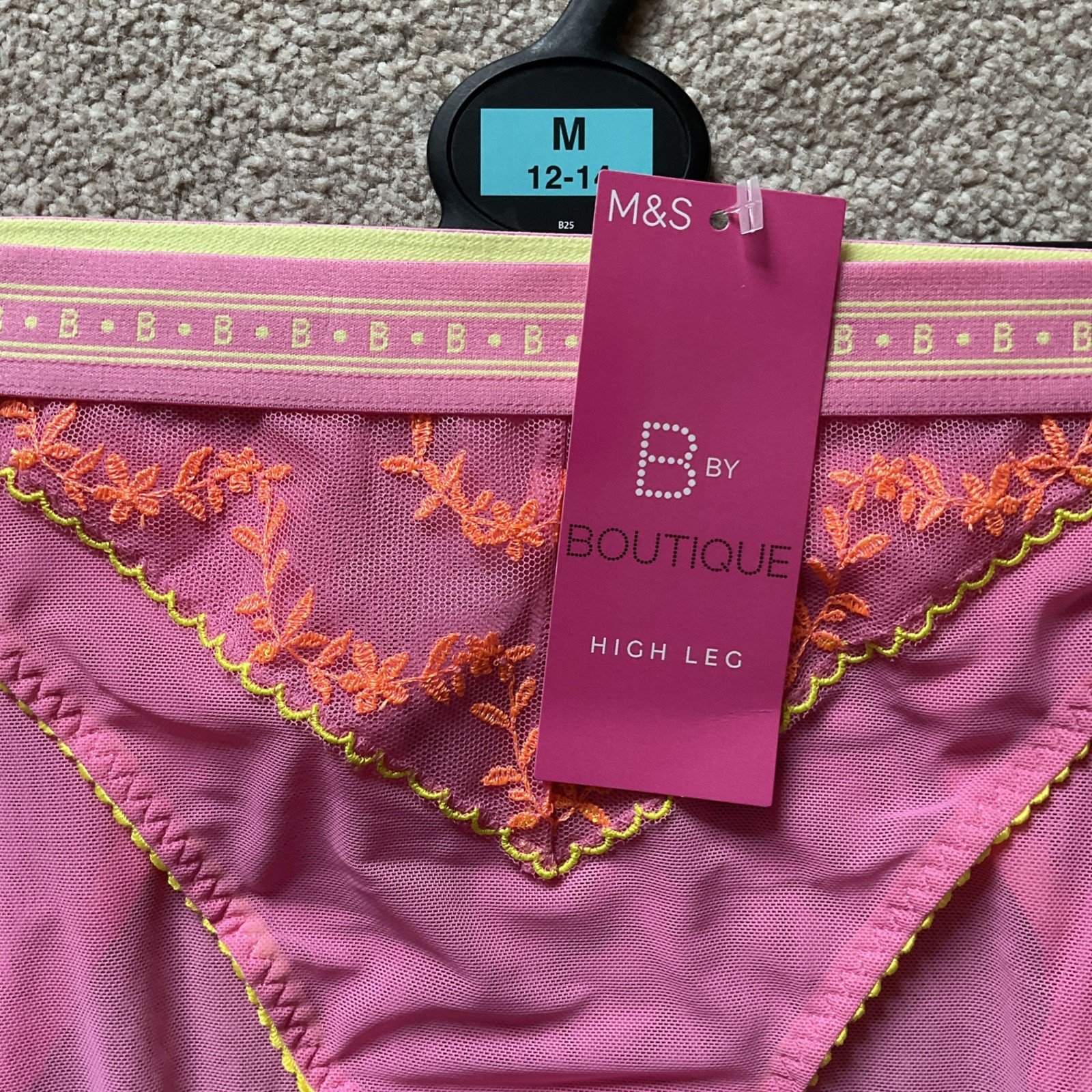 M&S 2 x MEDIUM 12-14 Boutique High Leg Knickers See Through Mesh Shocking Pink M