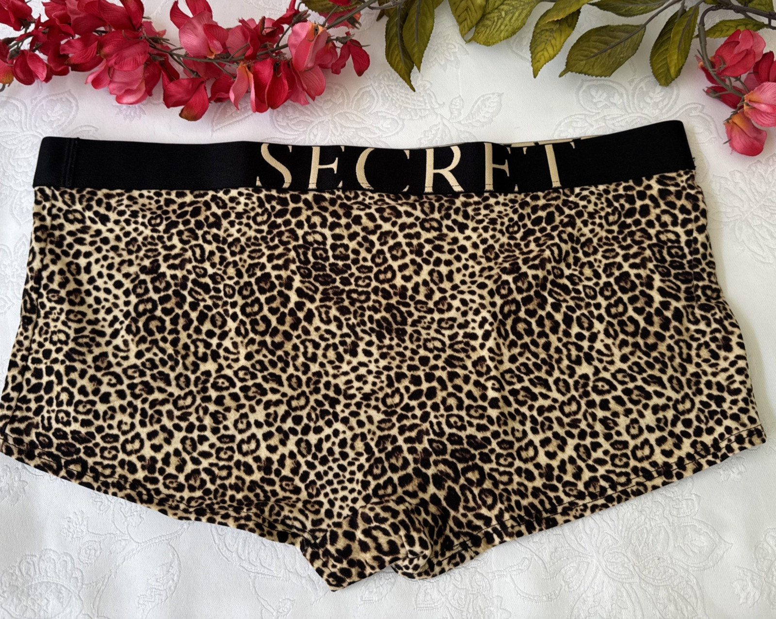 VICTORIA’S SECRET L ANIMAL PRINT BLACK BROWN LOGO COTTON MIX SHORTIE PANTIES NWT