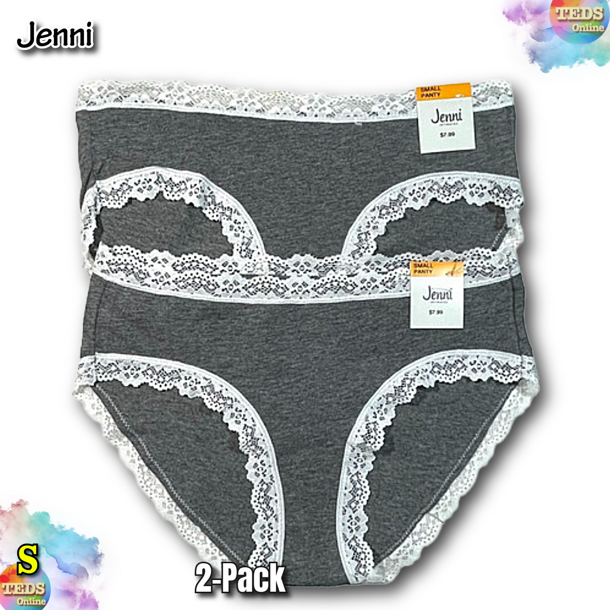 NWT 2-Pack Jenni Women’s S Cotton Blend Lace Trim Print Hipster Panty, Gray