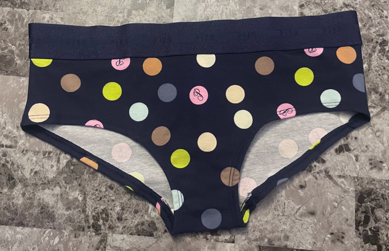 NWT VICTORIA’S SECRET PINK NAVY BLUE POLKA DOT THICK WAISTBAND HIPSTER PANTIES