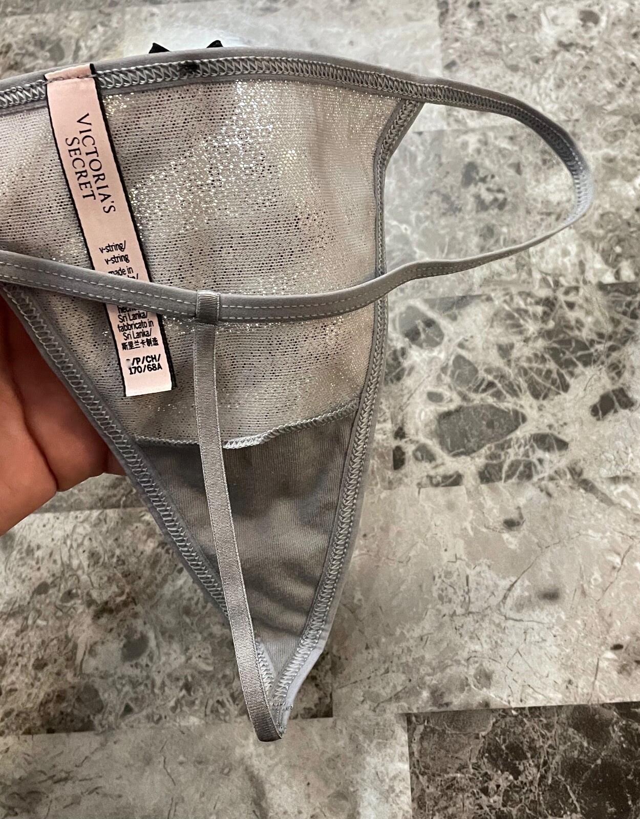 NWOT VICTORIA’S SECRET GRAY SILVER MESH SEQUIN BOW V STRING THONG PANTIES