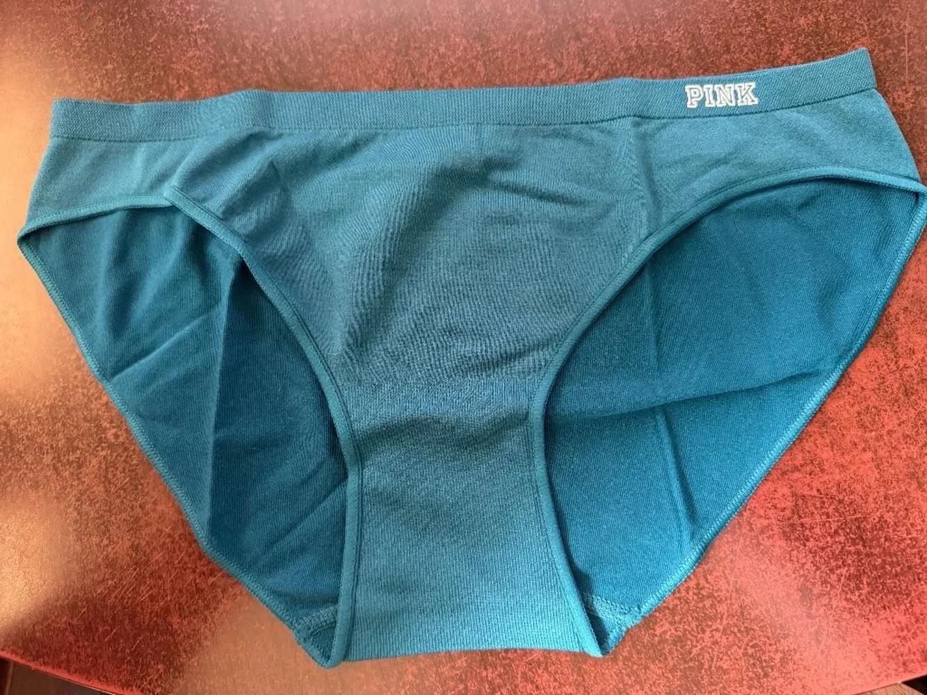 Vtg Victorias Secret PINK Seamless Bikini Panties Teal Blue Striped Logo Y2K