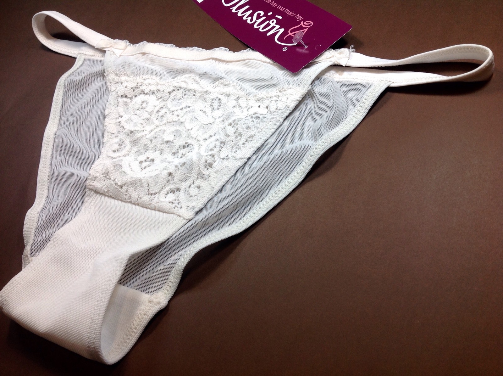 Women Panties,String Bikinis,ILUSION,Size L.BeigeIvory floral Fishnet&Decoration