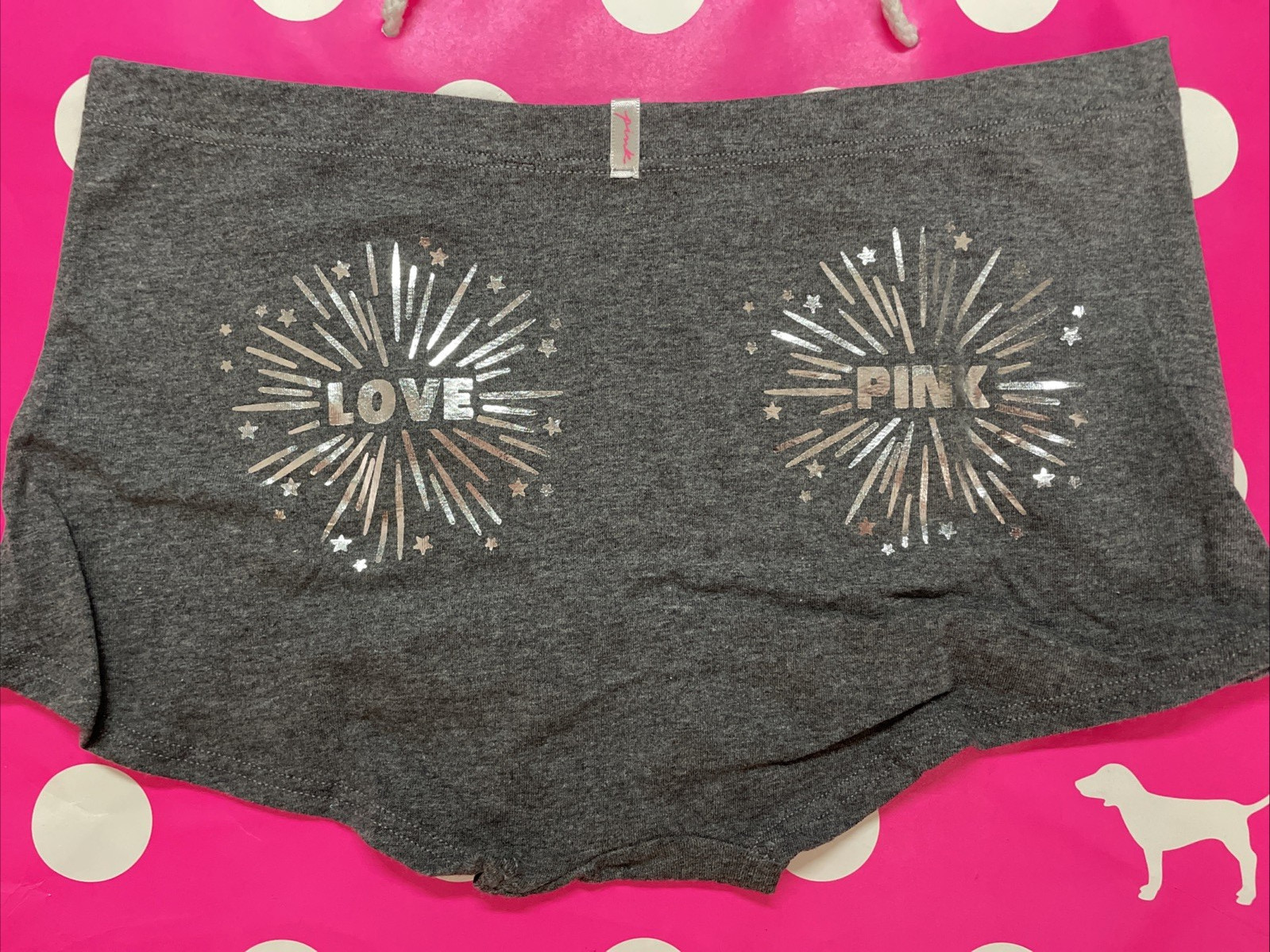 NEW 2021 Victoria’s Secret PINK Boyshort Panties Gray with Fireworks on Butt M