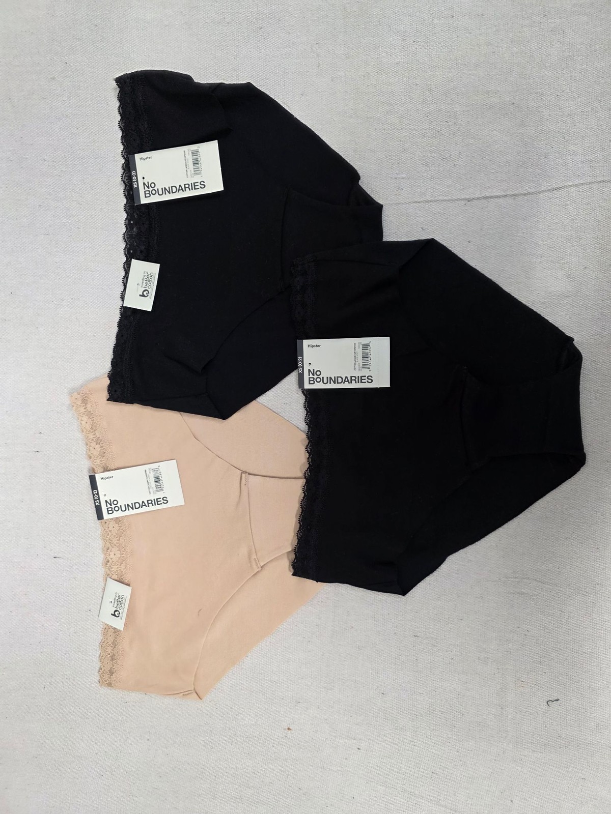 No Boundarie Women Hipster Pantie 3 Pack Black Nude Lace Cotton Laser Cut XS 0-2