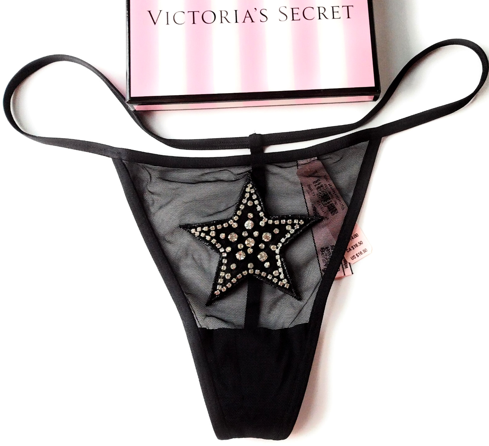 VICTORIA’S SECRET V-String Thong Panty S M L XL Black NWT Shine Star VS Mesh