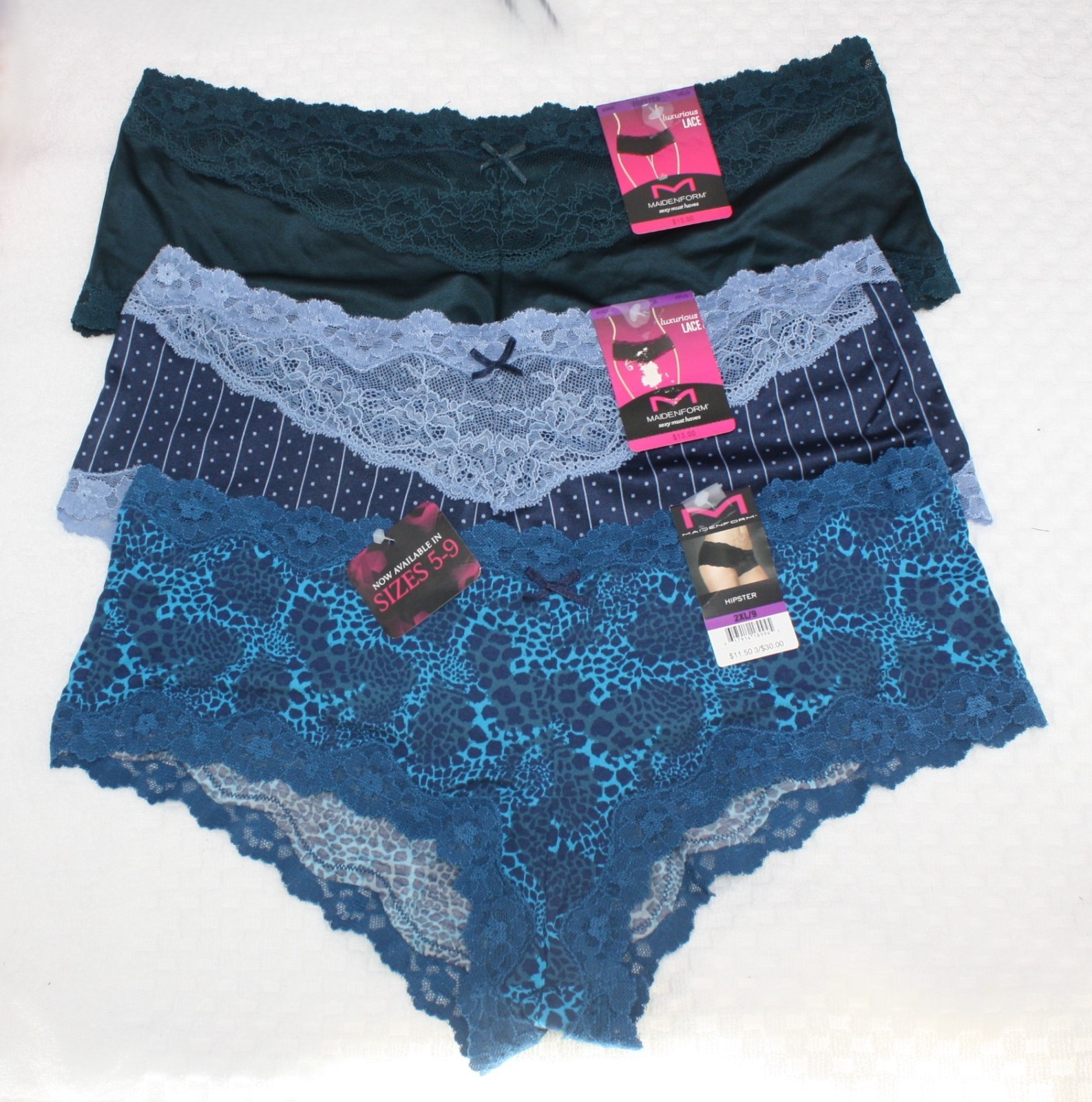 NWT set of 3 MAIDENFORM HIPSTER panties BLUE multi DARK GREEN STRIPES 2XL/9
