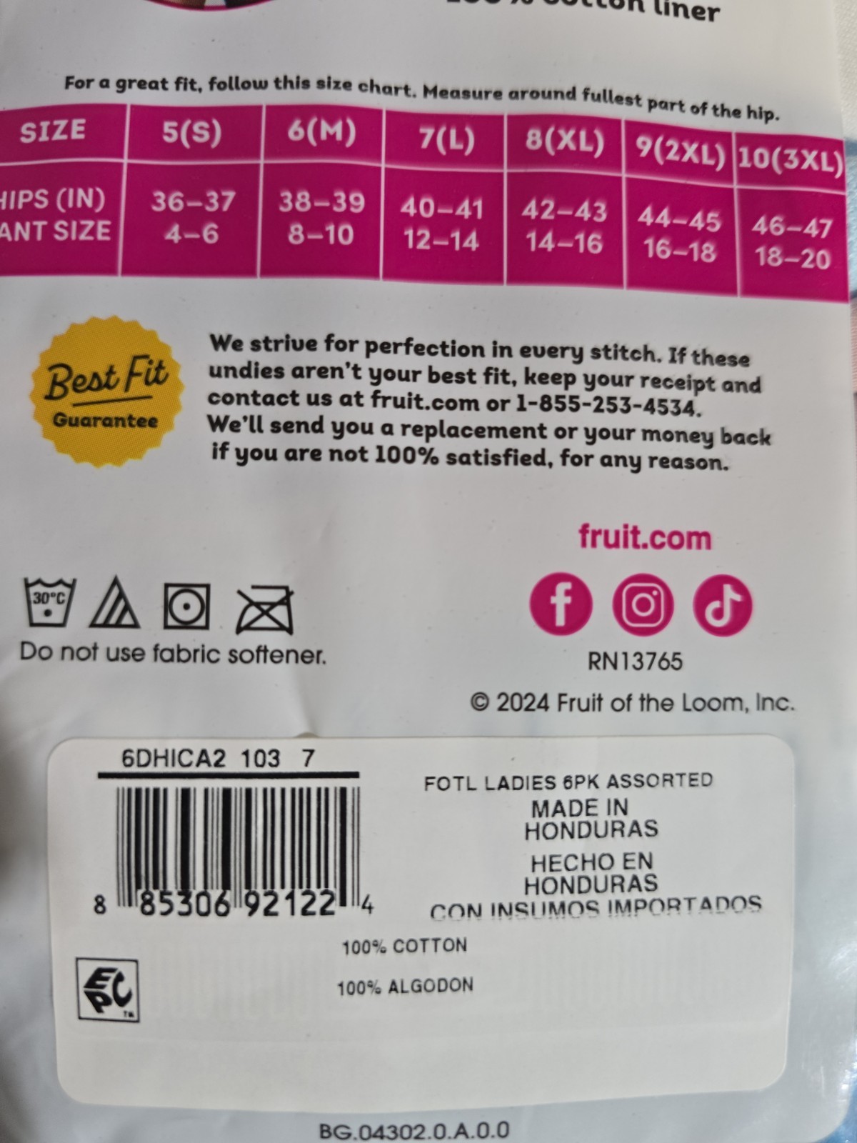 FRUIT OF THE LOOM COTTON HI-CUTS PANTIES MULTI COLOR 6 PAIRS WOMEN’S SIZE 7/L