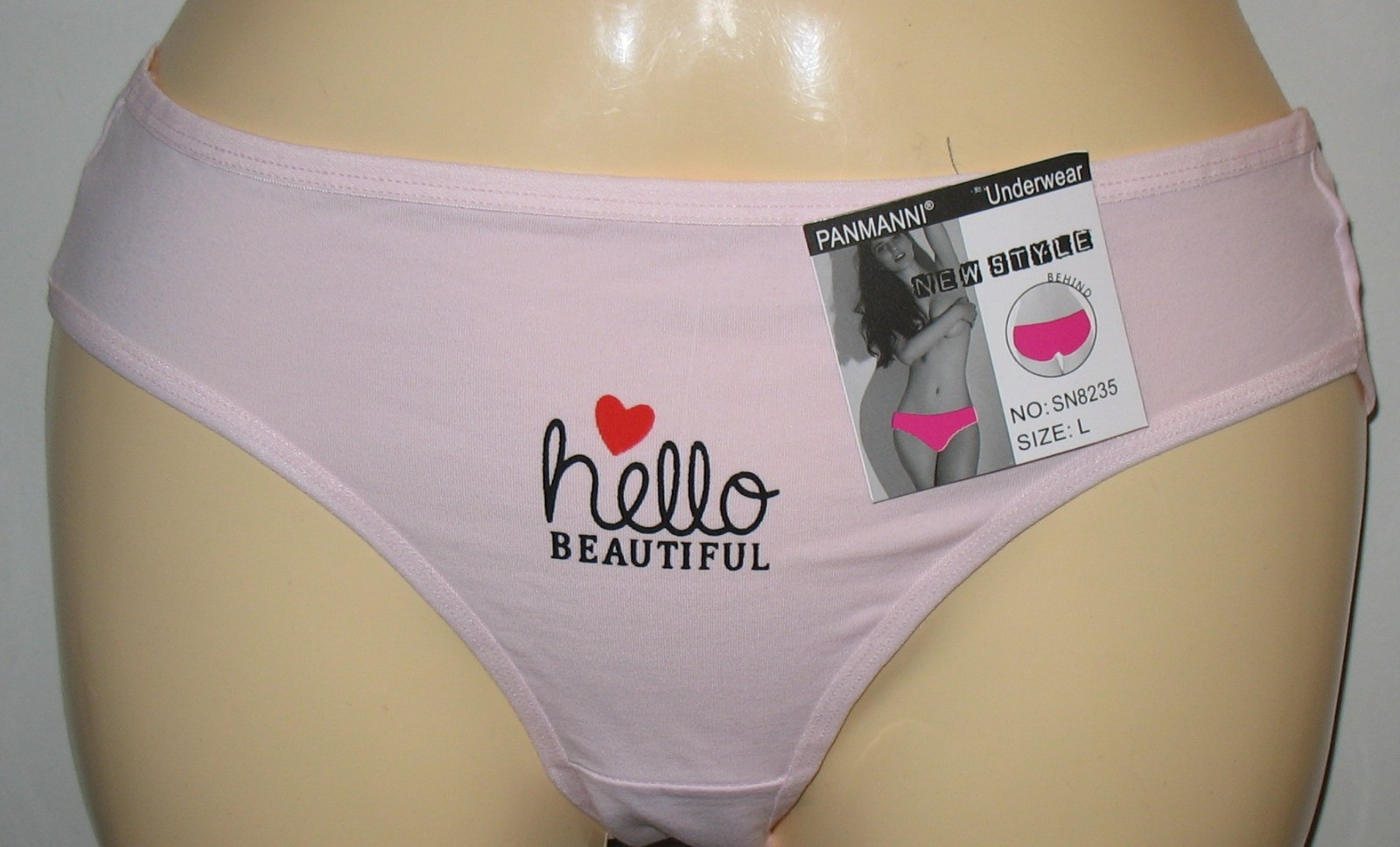 PANMANNI – NEW – L – PINK – COTTON STRETCH PANTY ” HELLO BEAUTIFUL, ” ON FRONT